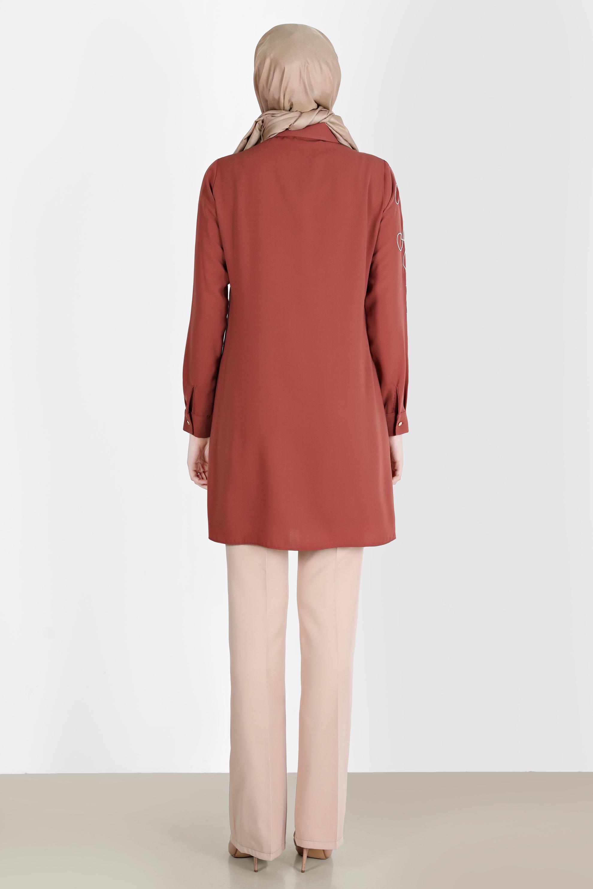 Tesettür giyim TURUNCU NAKIŞ DETAYLI FERMUARLI TUNİK 41758 