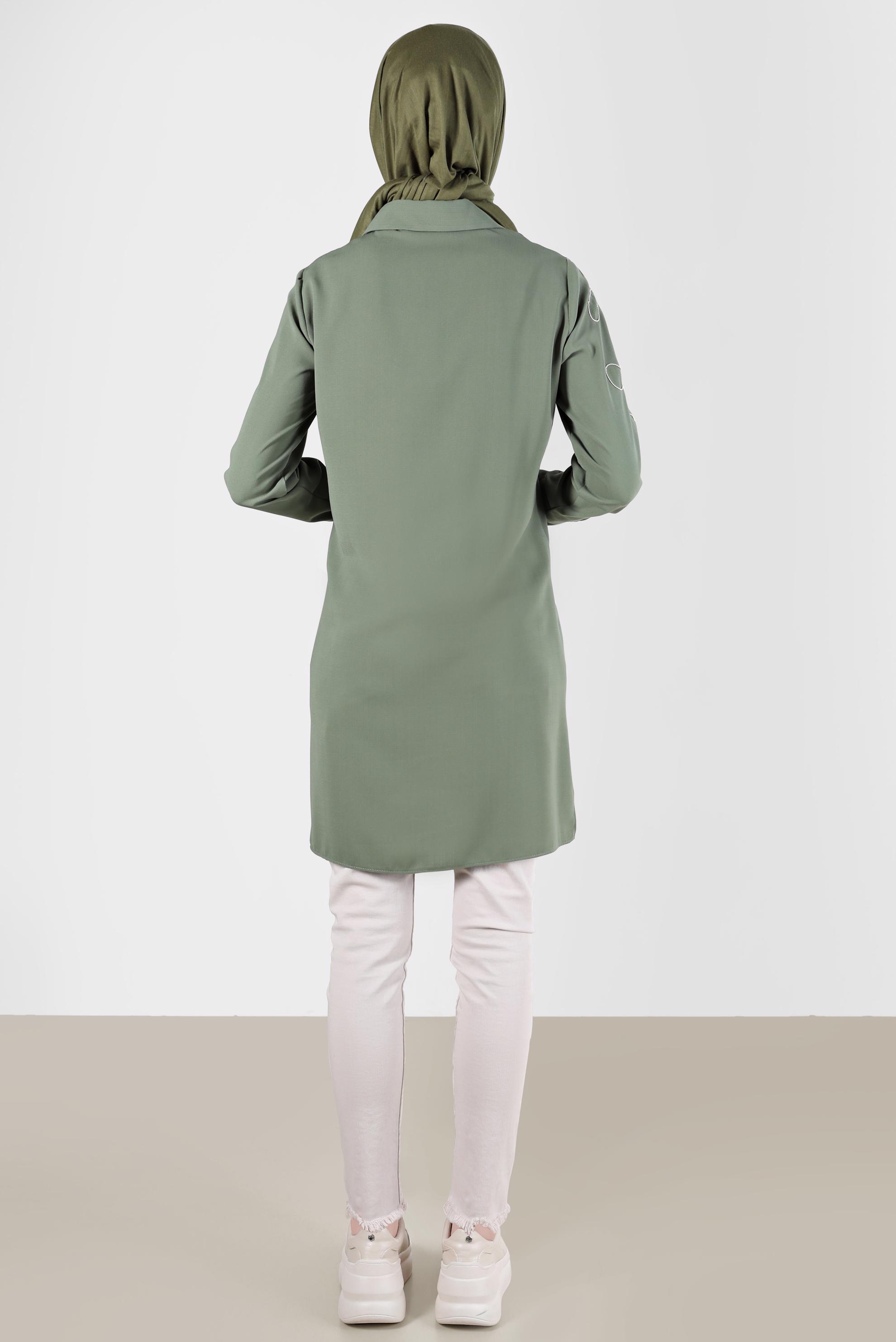 Tesettür giyim HAKİ NAKIŞ DETAYLI FERMUARLI TUNİK 41758 