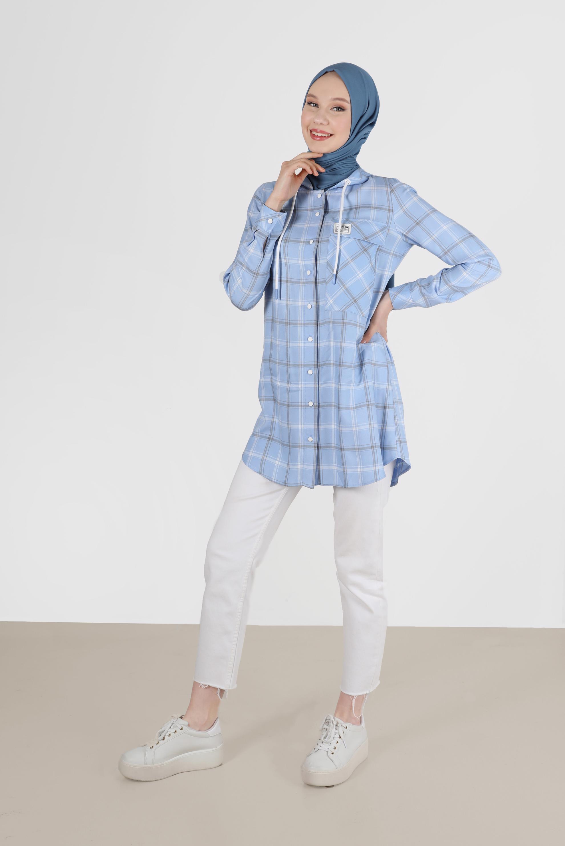 Tesettür giyim MAVİ KAPÜŞONLU ÇITÇITLI EKOSE TUNİK 41767 