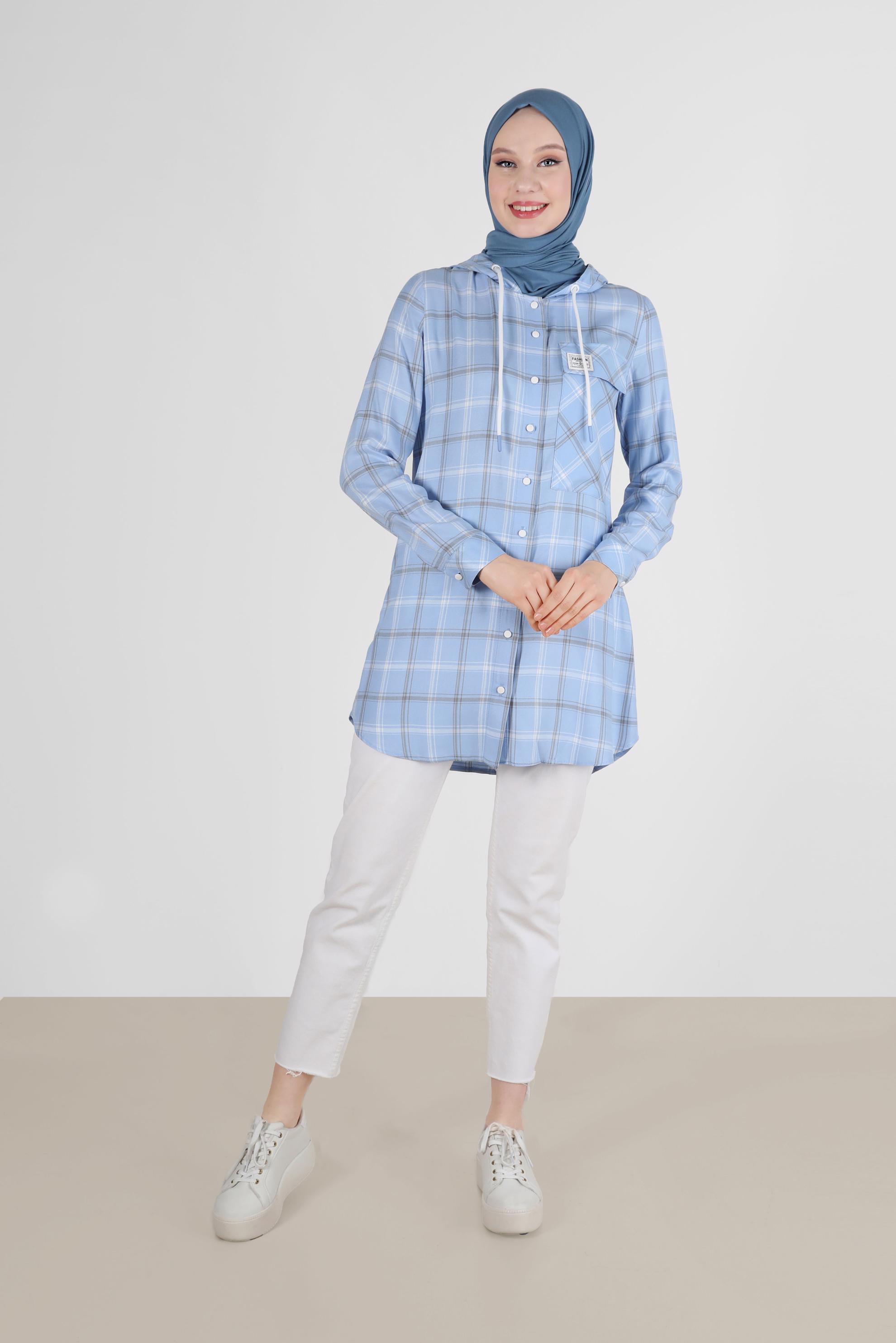 Tesettür giyim MAVİ KAPÜŞONLU ÇITÇITLI EKOSE TUNİK 41767 