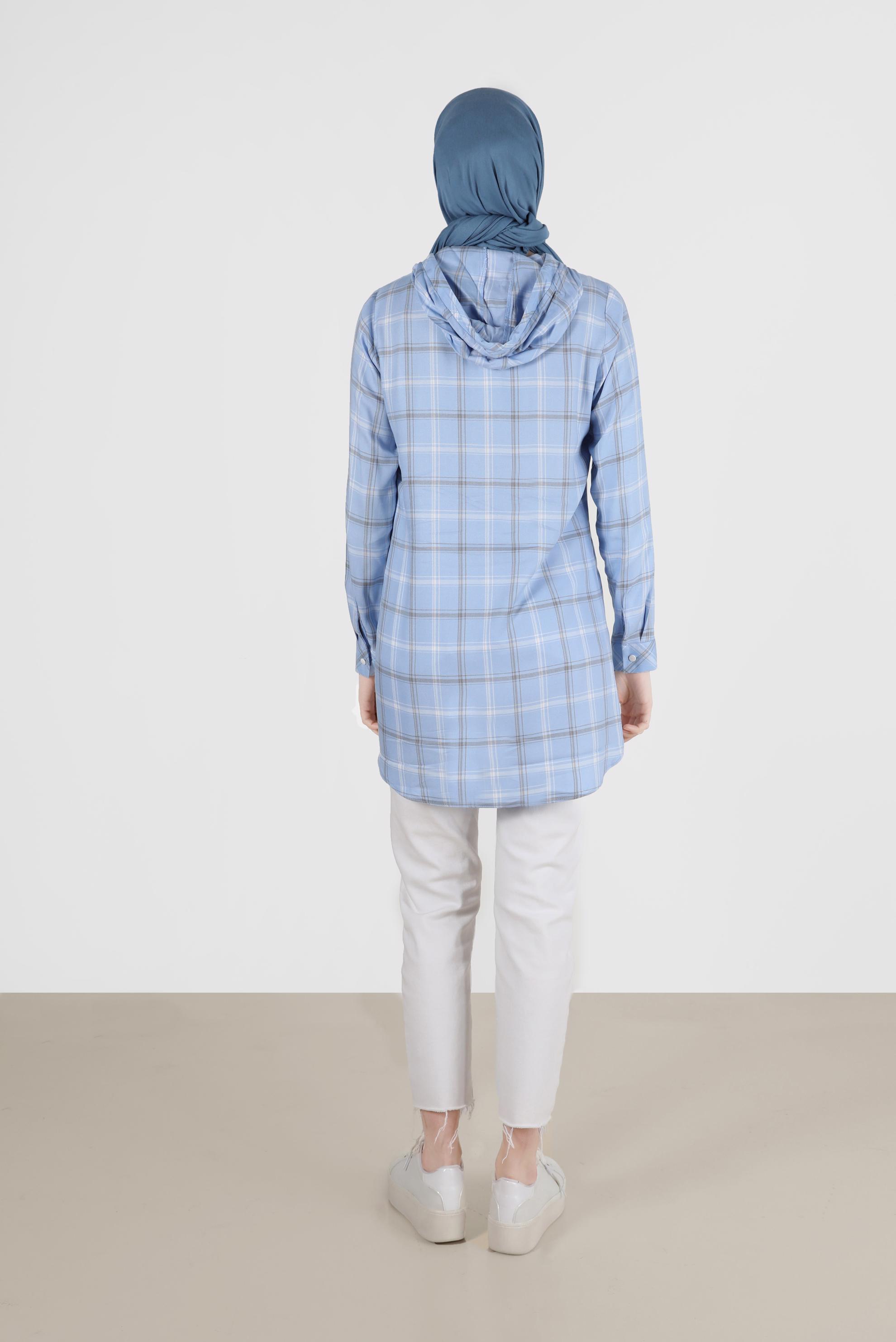 Tesettür giyim MAVİ KAPÜŞONLU ÇITÇITLI EKOSE TUNİK 41767 