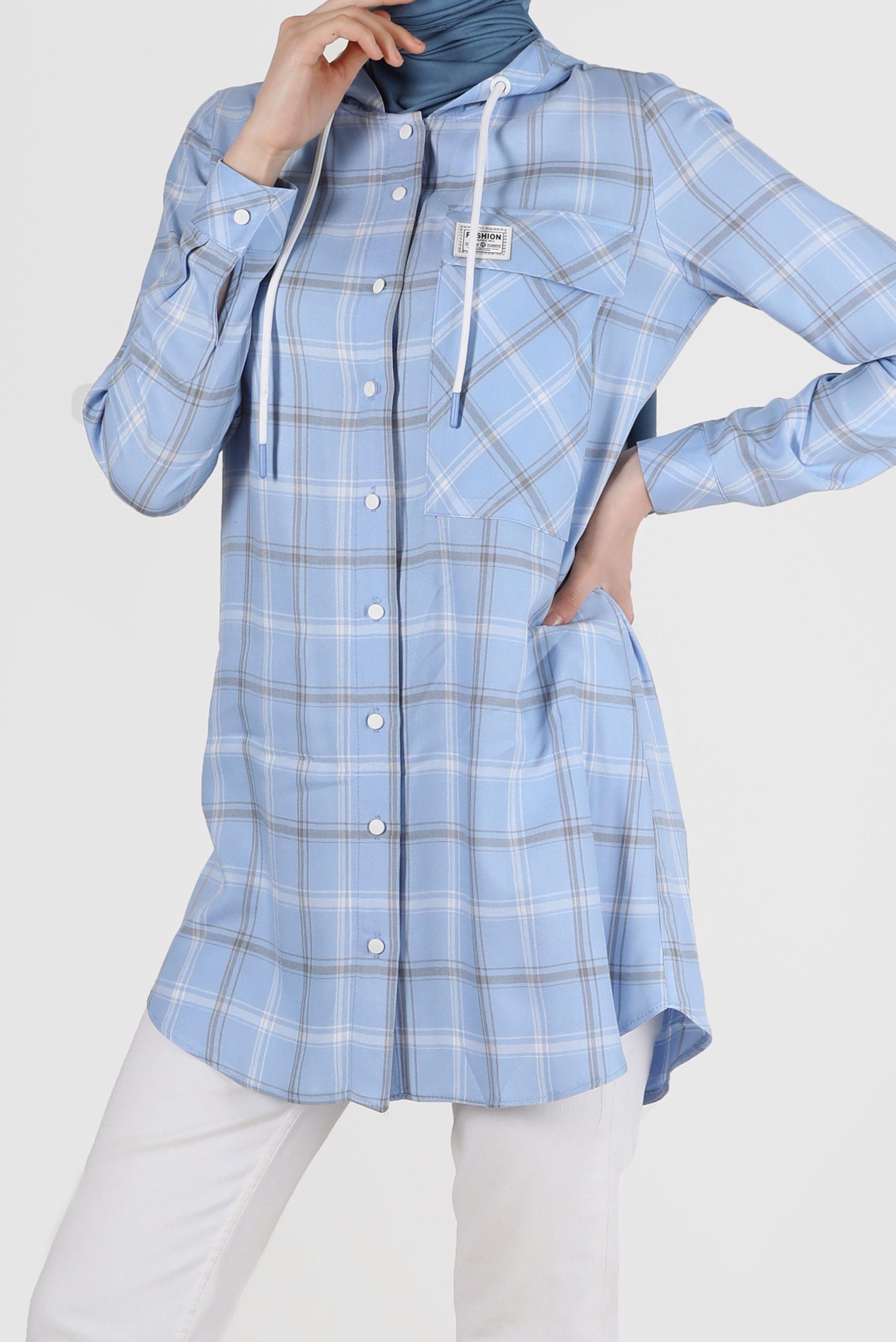 Tesettür giyim MAVİ KAPÜŞONLU ÇITÇITLI EKOSE TUNİK 41767 