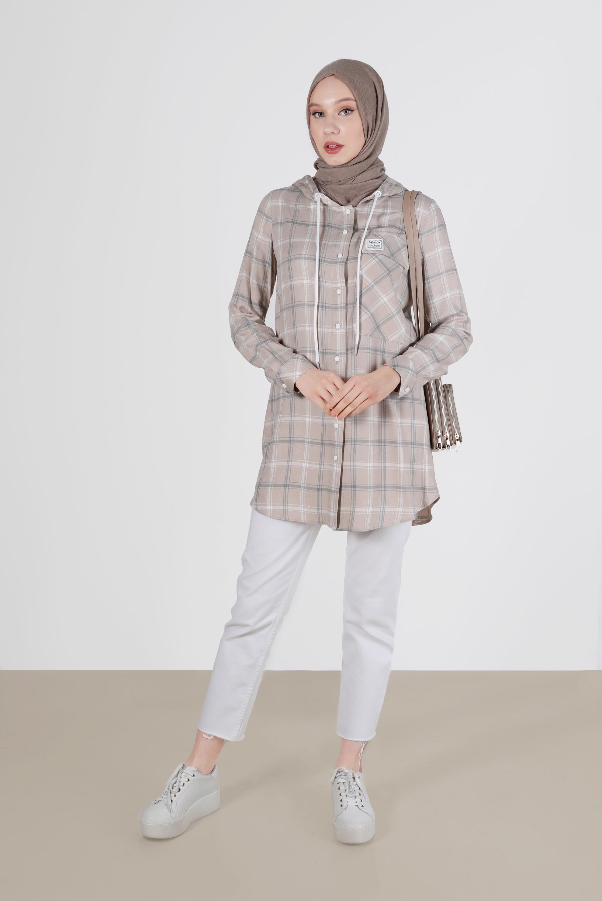 Tesettür giyim BEJ KAPÜŞONLU ÇITÇITLI EKOSE TUNİK 41767 