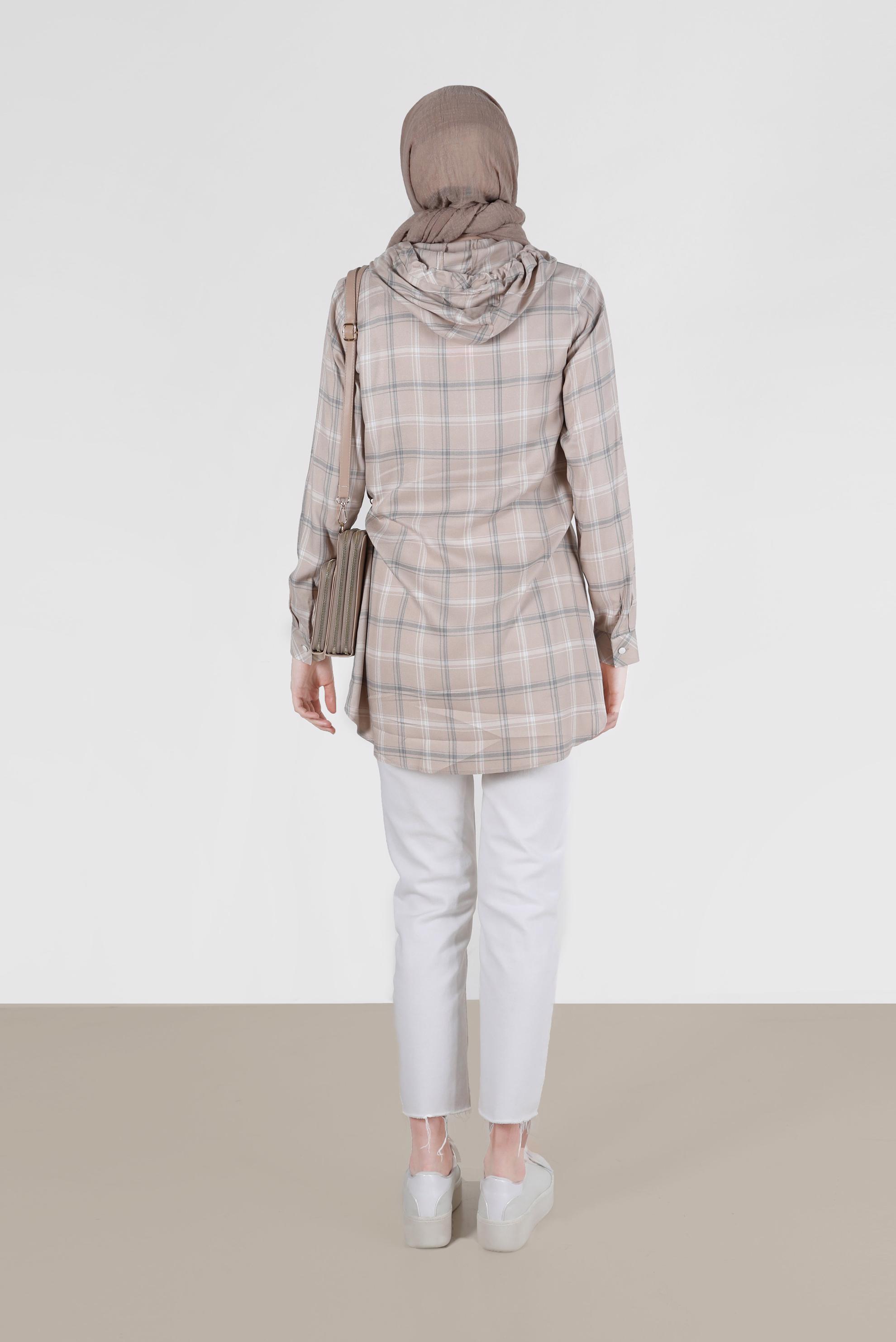 Tesettür giyim BEJ KAPÜŞONLU ÇITÇITLI EKOSE TUNİK 41767 