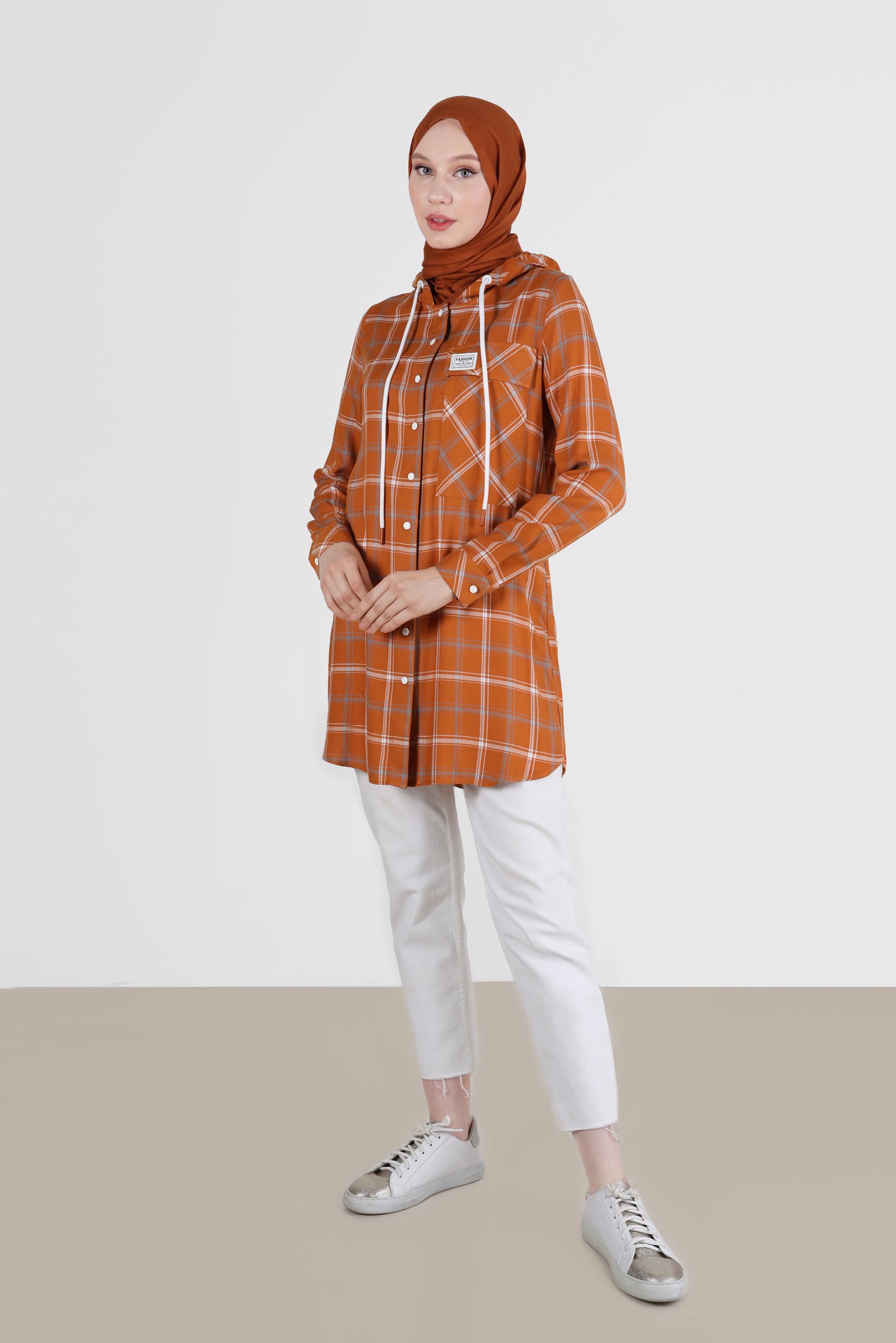 Tesettür giyim TURUNCU KAPÜŞONLU ÇITÇITLI EKOSE TUNİK 41767 