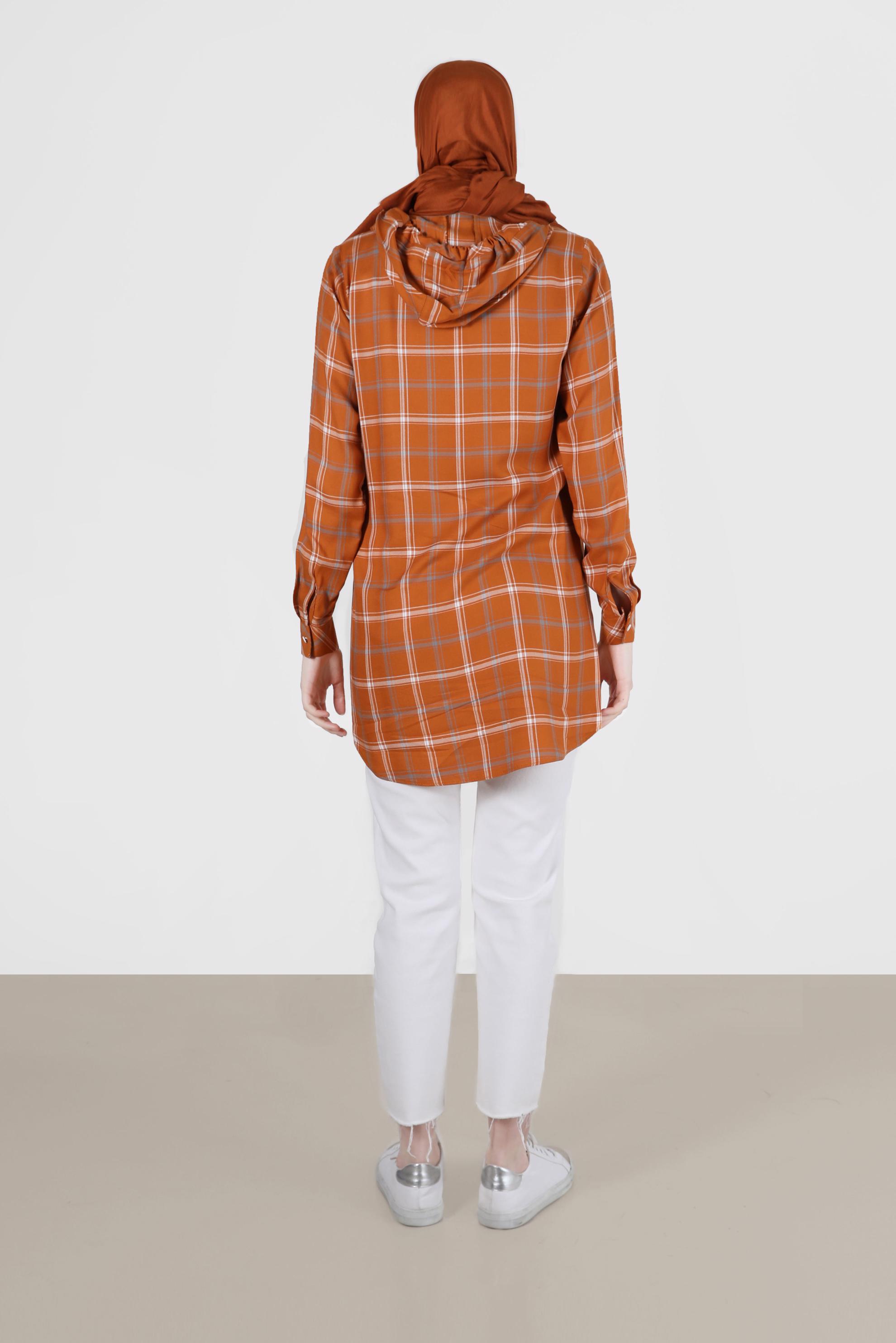 Tesettür giyim TURUNCU KAPÜŞONLU ÇITÇITLI EKOSE TUNİK 41767 