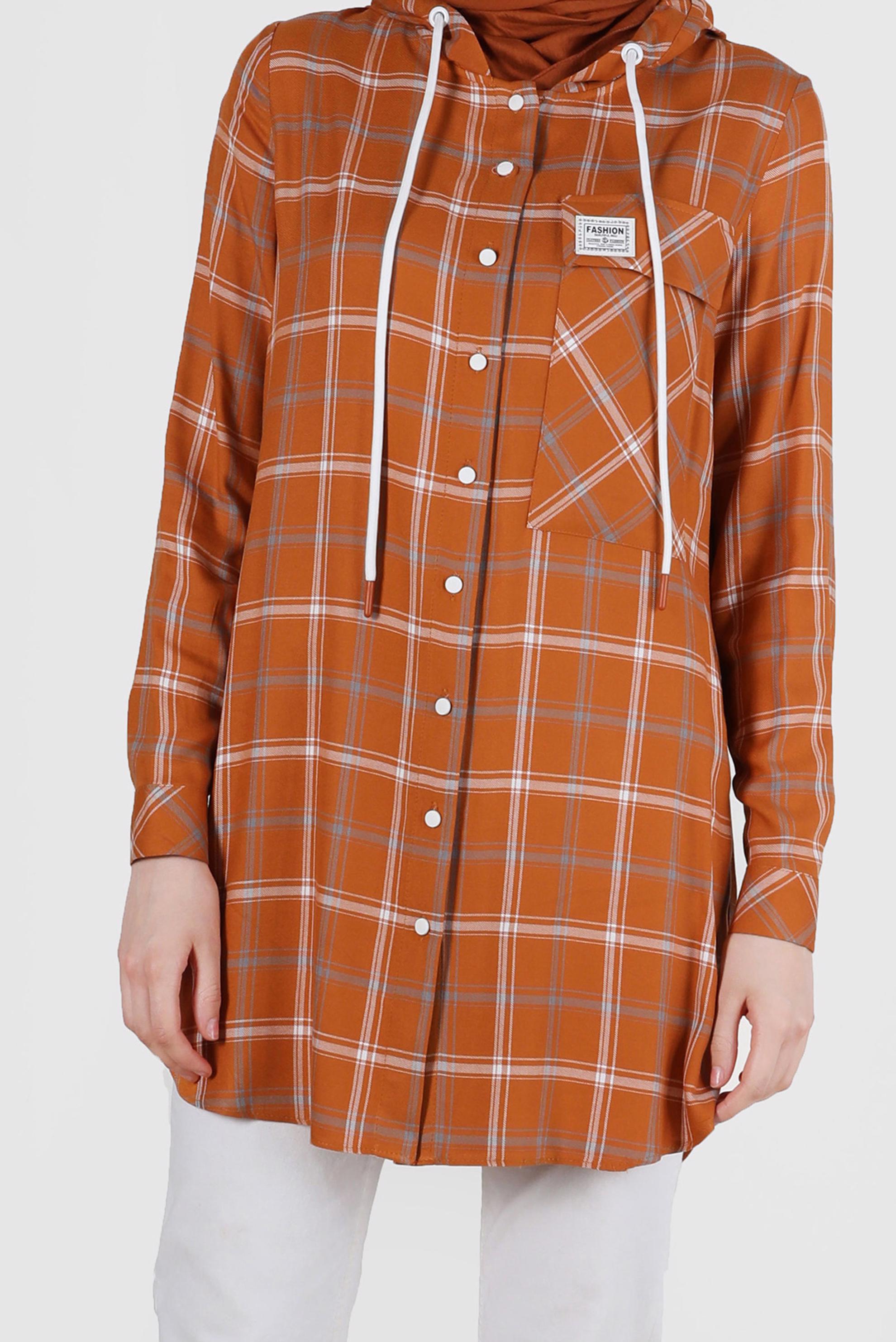 Tesettür giyim TURUNCU KAPÜŞONLU ÇITÇITLI EKOSE TUNİK 41767 