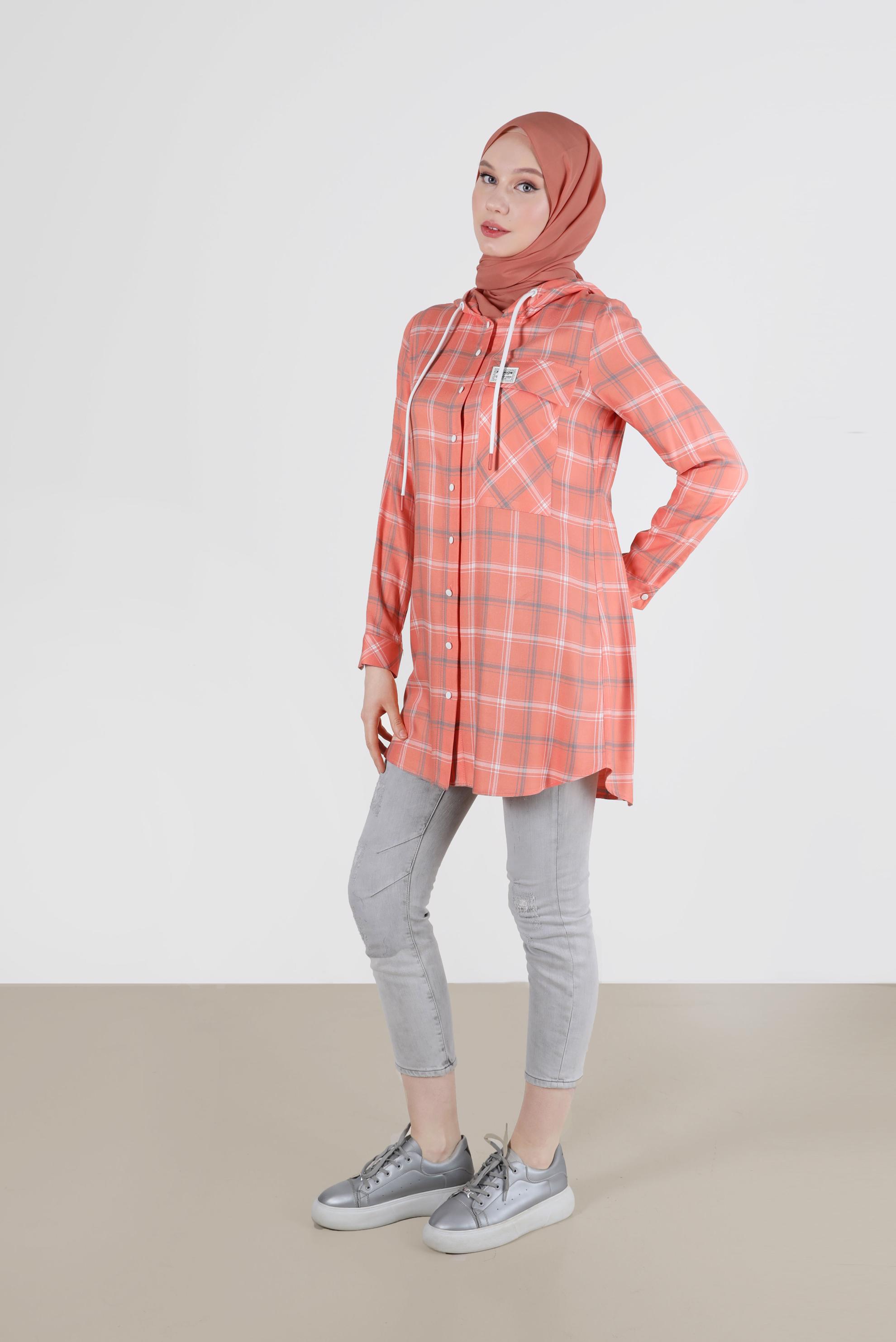 Tesettür giyim MERCAN KAPÜŞONLU ÇITÇITLI EKOSE TUNİK 41767 