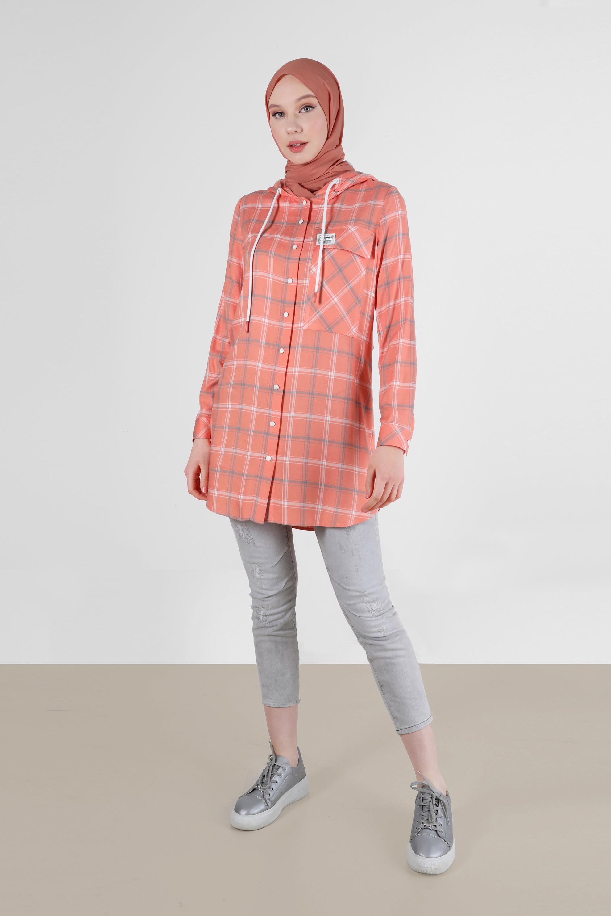 Tesettür giyim MERCAN KAPÜŞONLU ÇITÇITLI EKOSE TUNİK 41767 