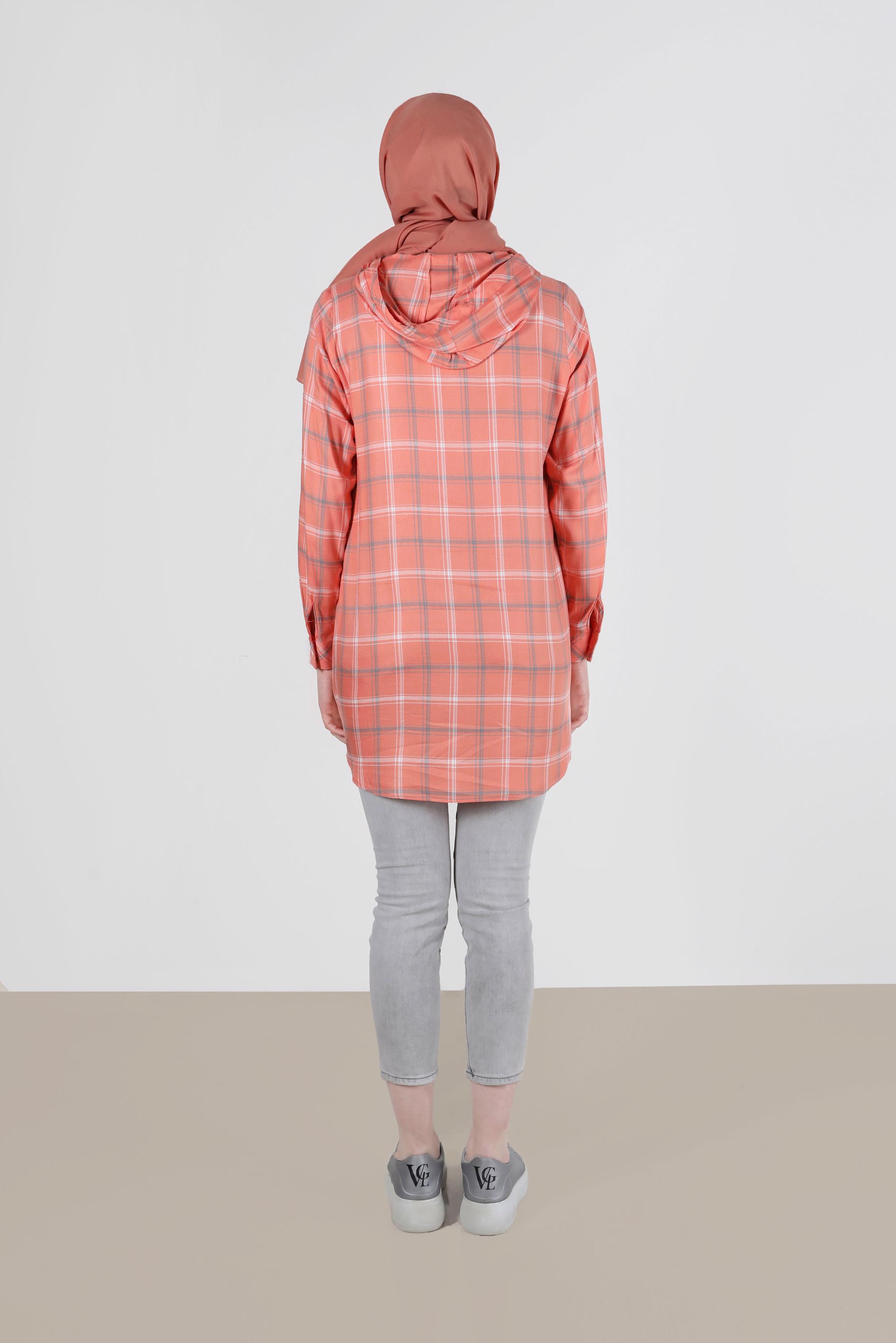 Tesettür giyim MERCAN KAPÜŞONLU ÇITÇITLI EKOSE TUNİK 41767 