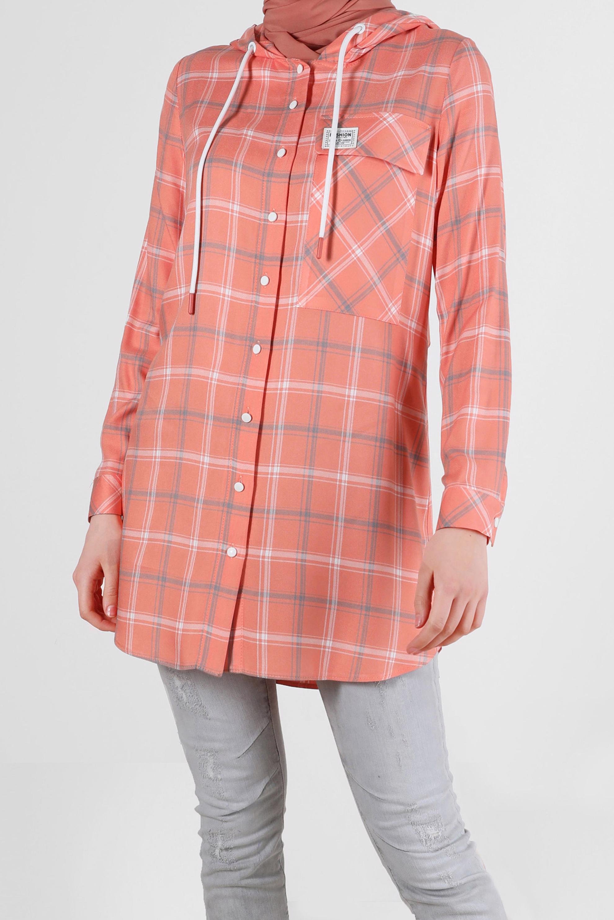 Tesettür giyim MERCAN KAPÜŞONLU ÇITÇITLI EKOSE TUNİK 41767 