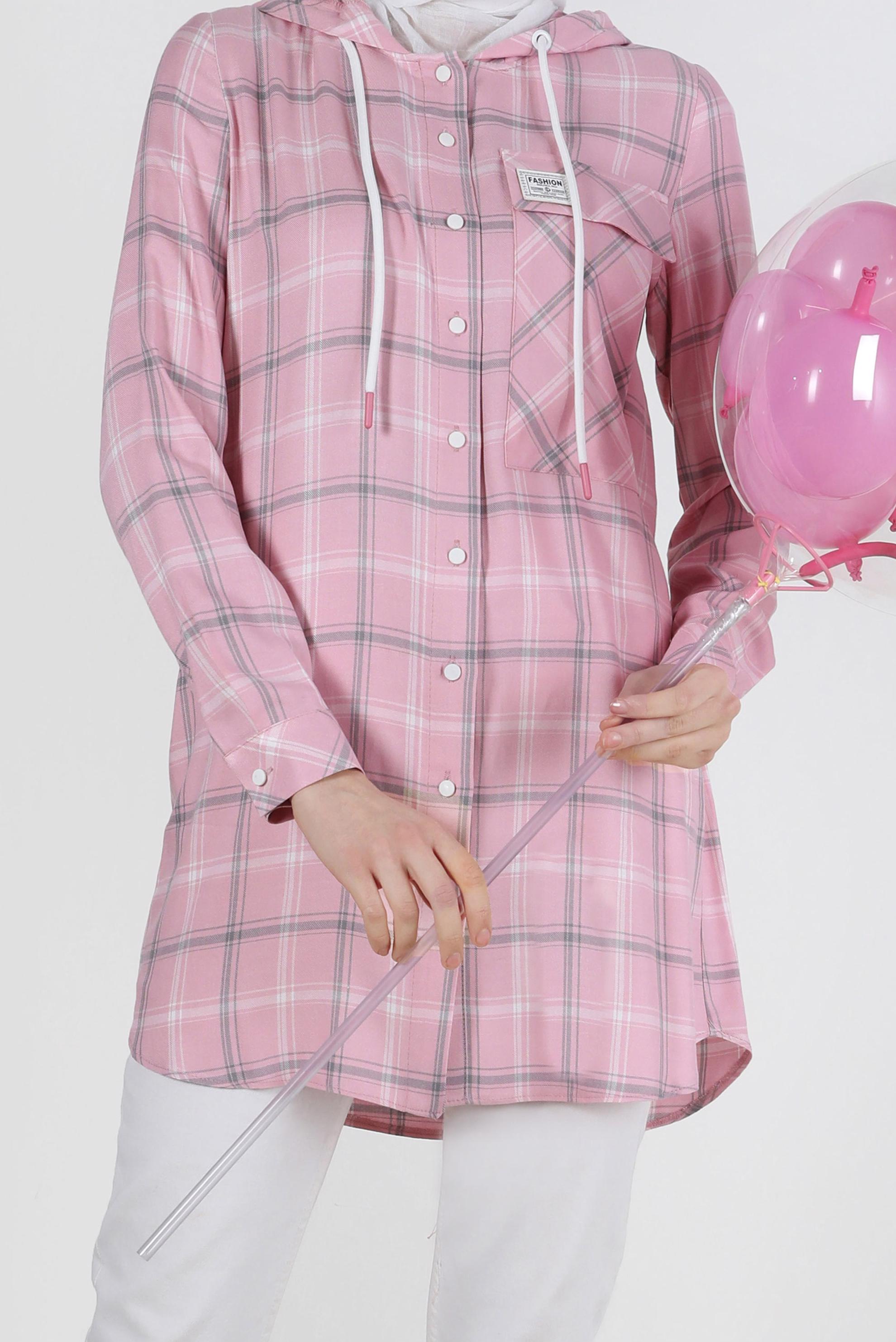 Tesettür giyim PEMBE KAPÜŞONLU ÇITÇITLI EKOSE TUNİK 41767 