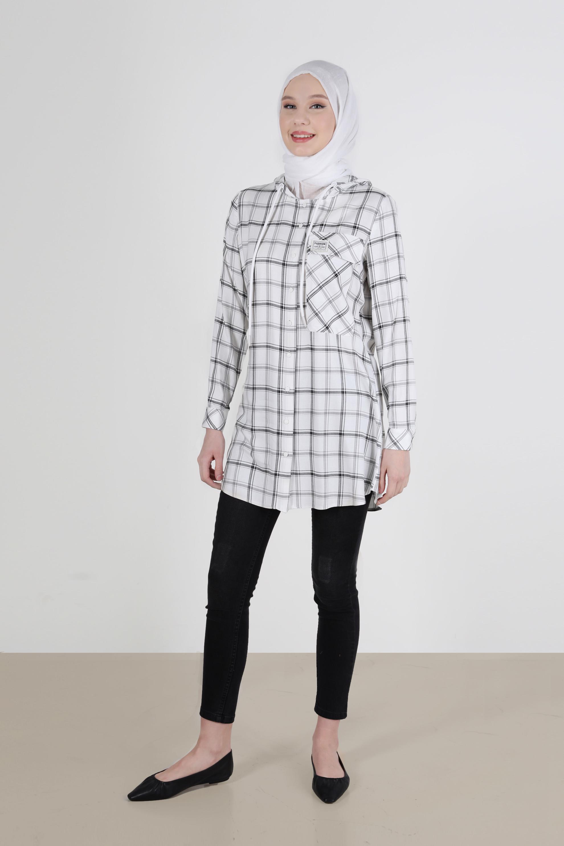 Tesettür giyim BEJ KAPÜŞONLU ÇITÇITLI EKOSE TUNİK 41767 