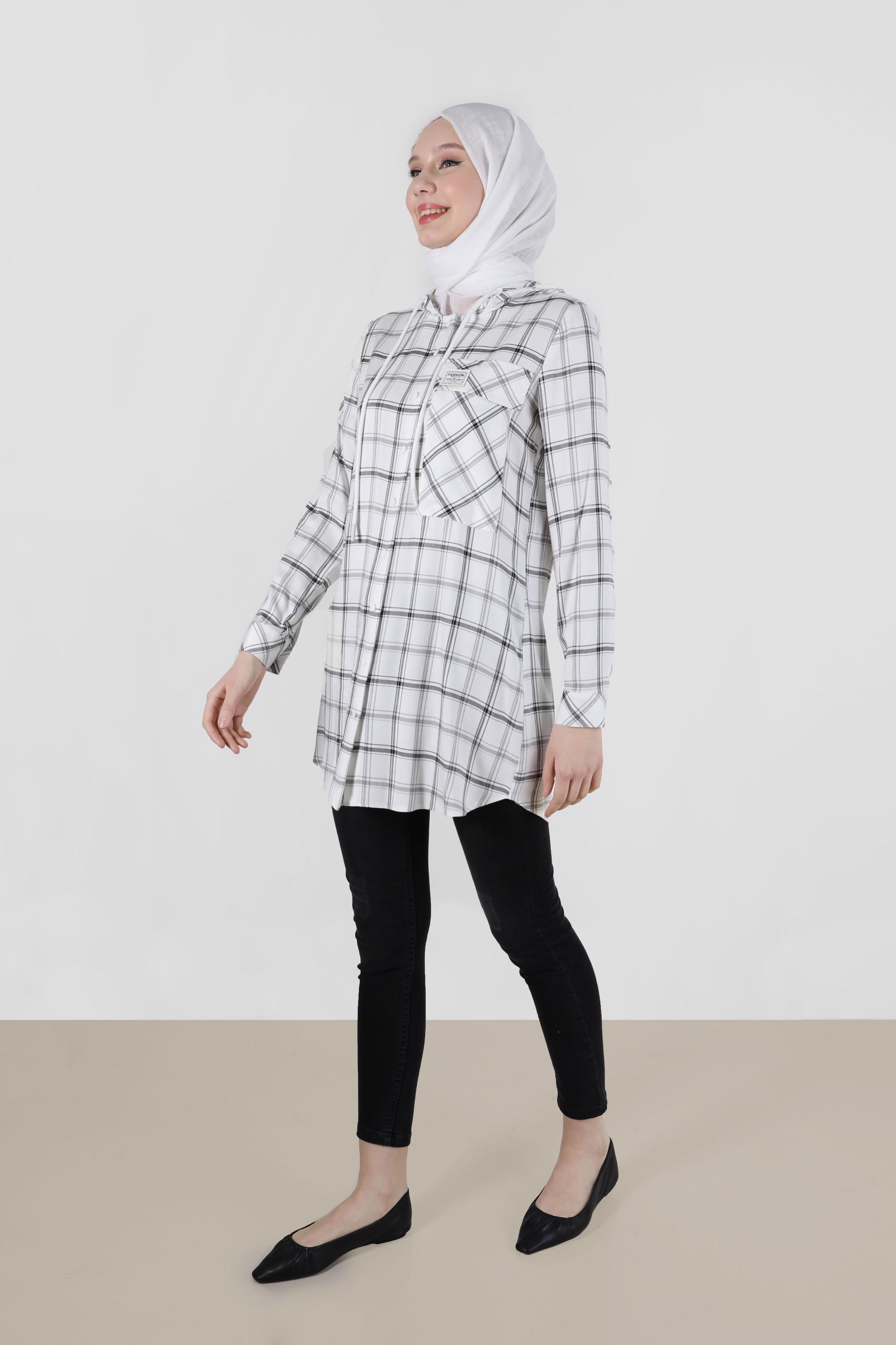 Tesettür giyim BEJ KAPÜŞONLU ÇITÇITLI EKOSE TUNİK 41767 