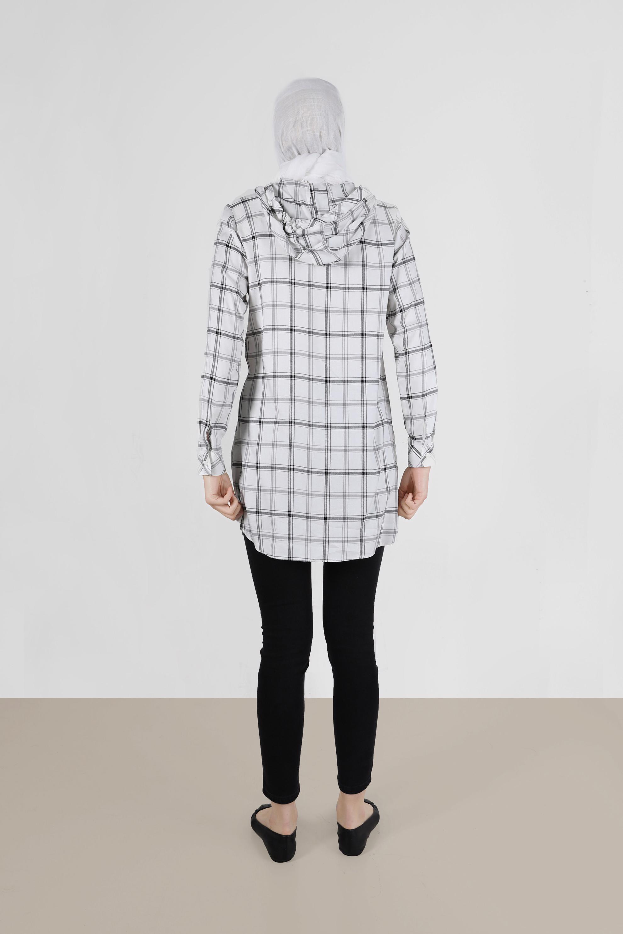 Tesettür giyim BEJ KAPÜŞONLU ÇITÇITLI EKOSE TUNİK 41767 