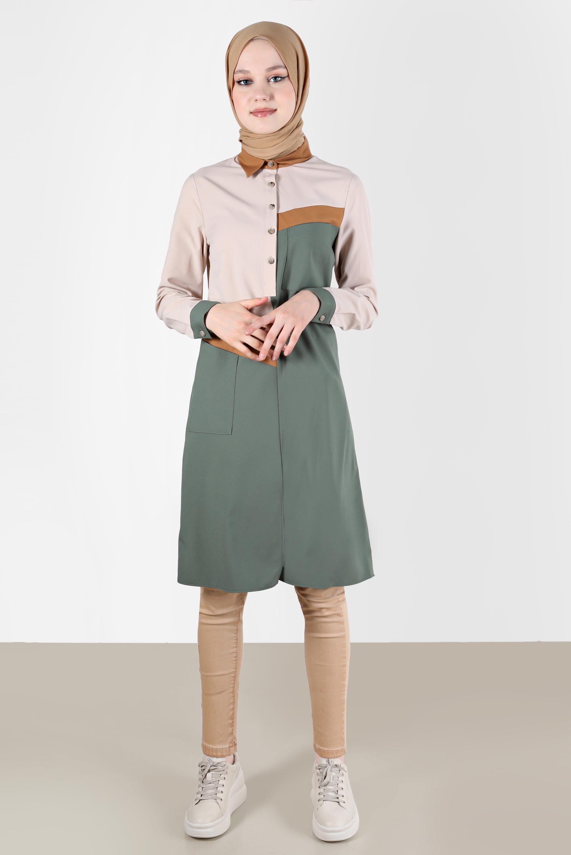 Tesettür giyim HAKİ DÜĞMELİ ÜÇ RENK TUNİK 42205 