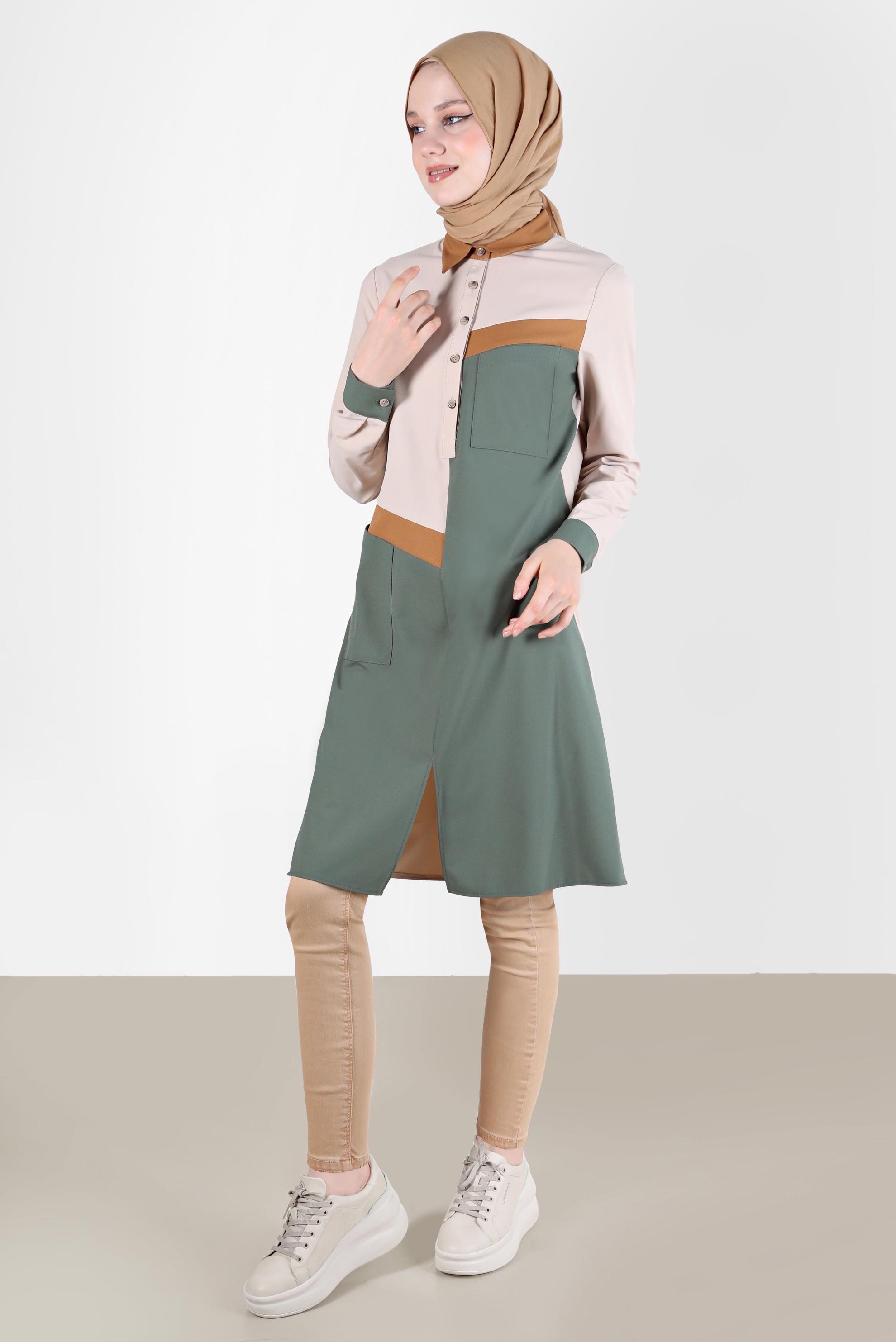 Tesettür giyim HAKİ DÜĞMELİ ÜÇ RENK TUNİK 42205 