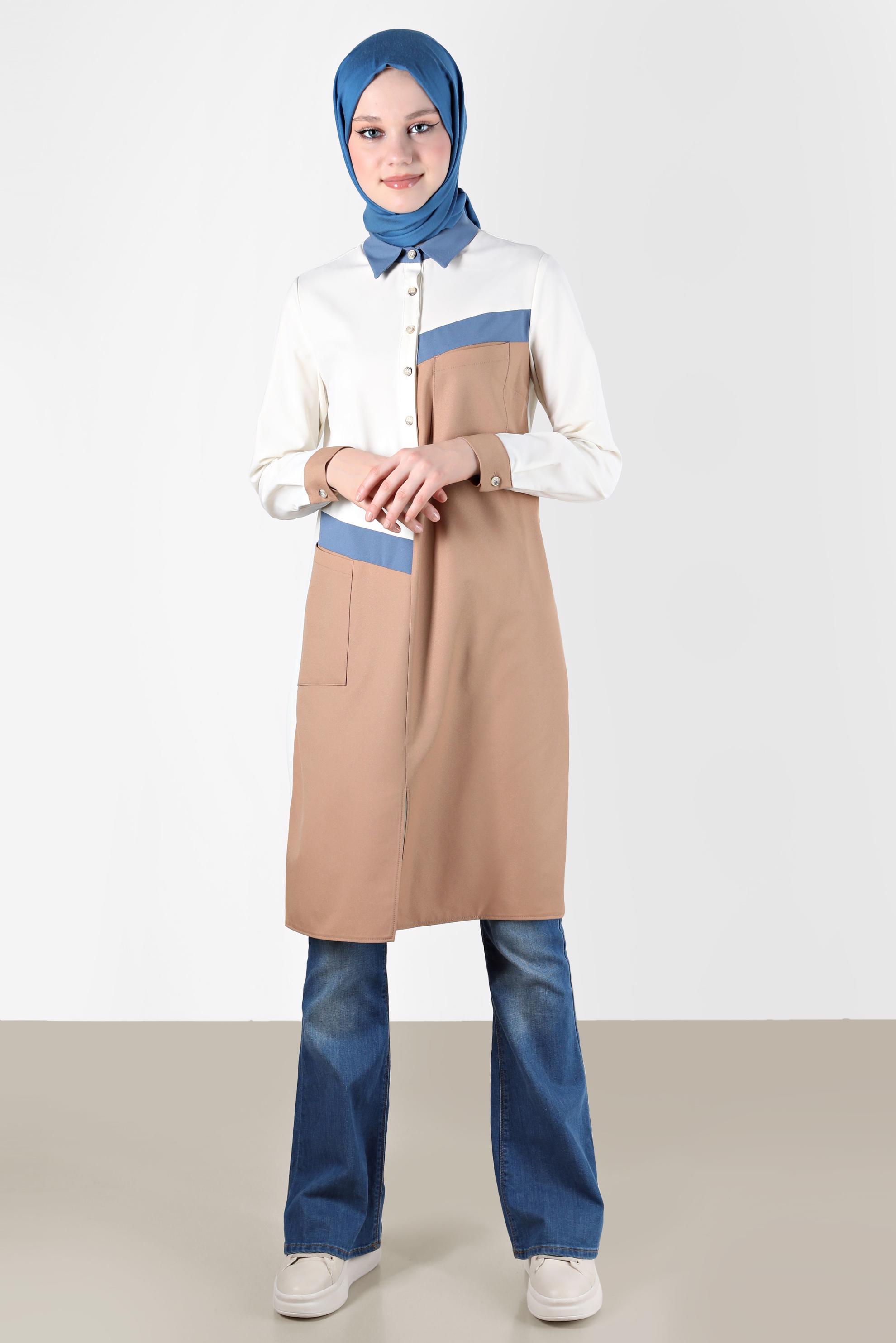 Tesettür giyim KAHVE DÜĞMELİ ÜÇ RENK TUNİK 42205 