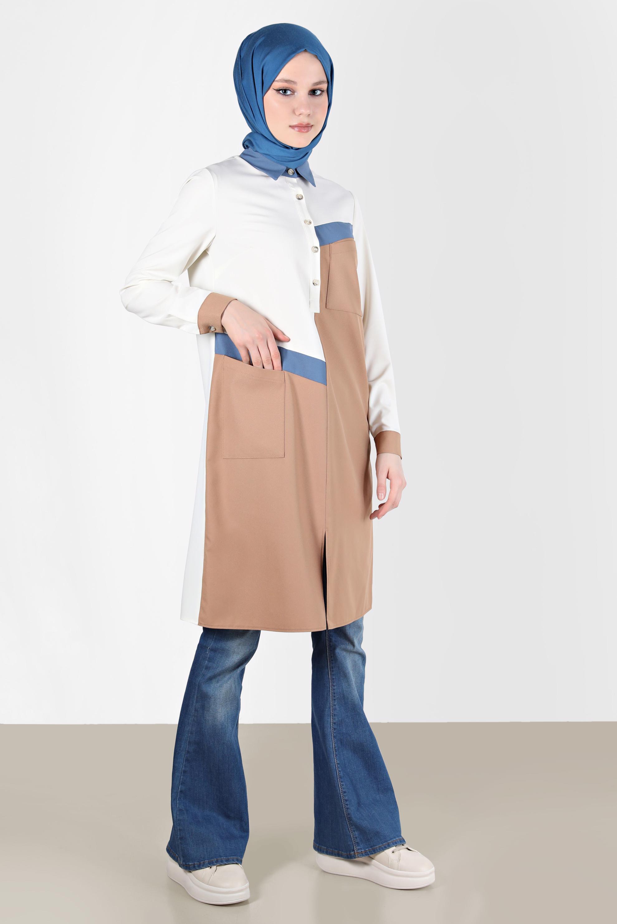 Tesettür giyim KAHVE DÜĞMELİ ÜÇ RENK TUNİK 42205 