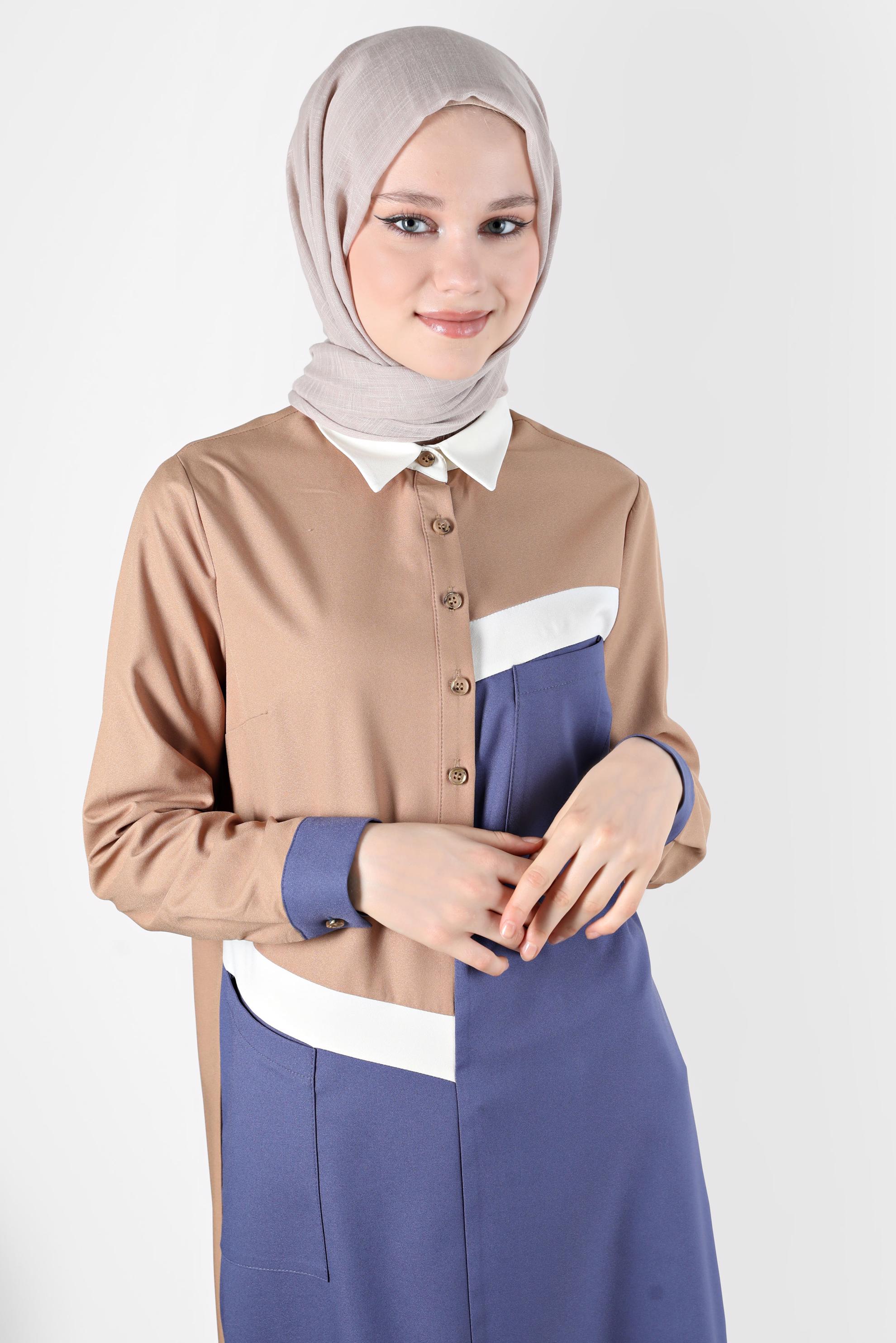 Tesettür giyim MAVİ DÜĞMELİ ÜÇ RENK TUNİK 42205 