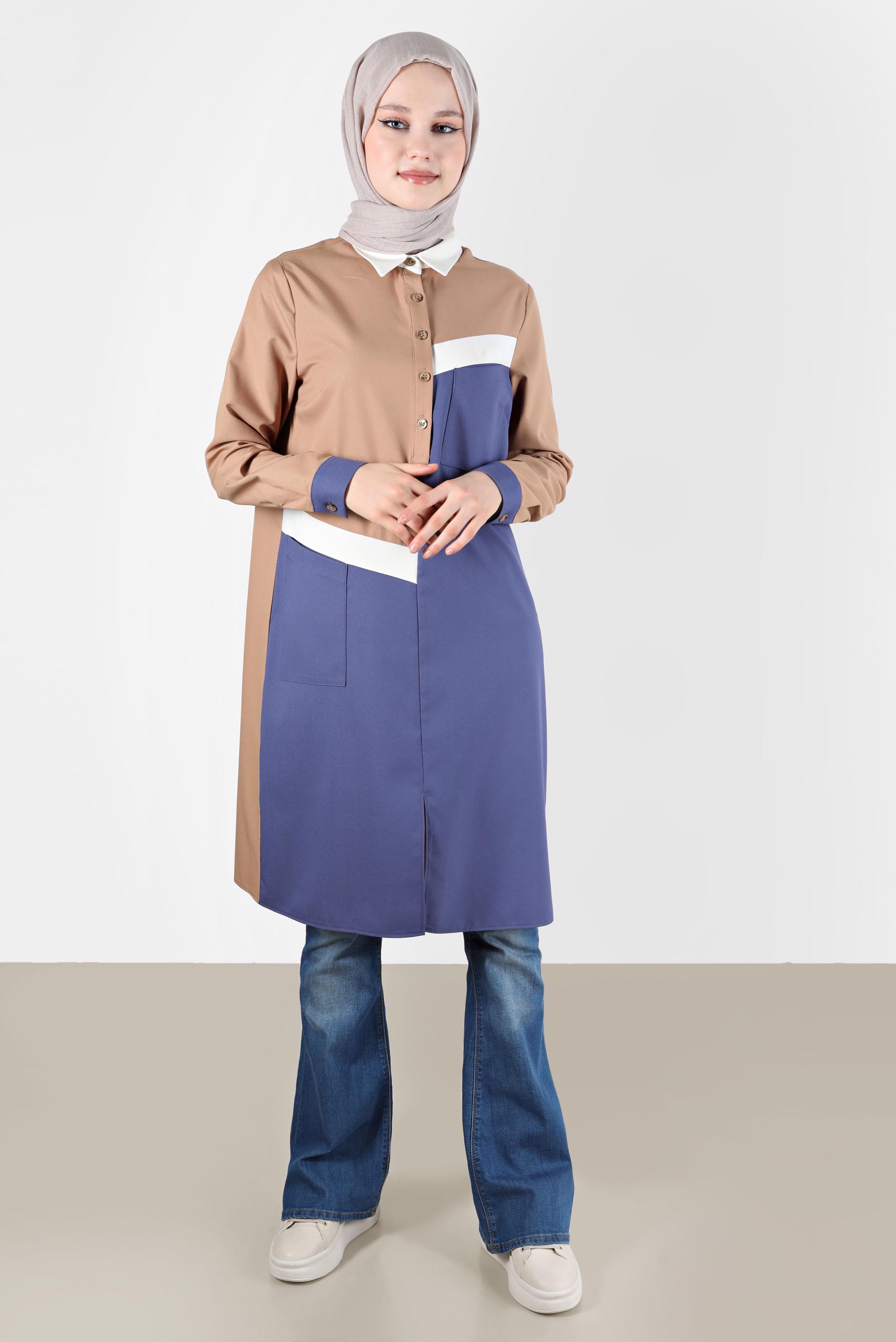 Tesettür giyim MAVİ DÜĞMELİ ÜÇ RENK TUNİK 42205 