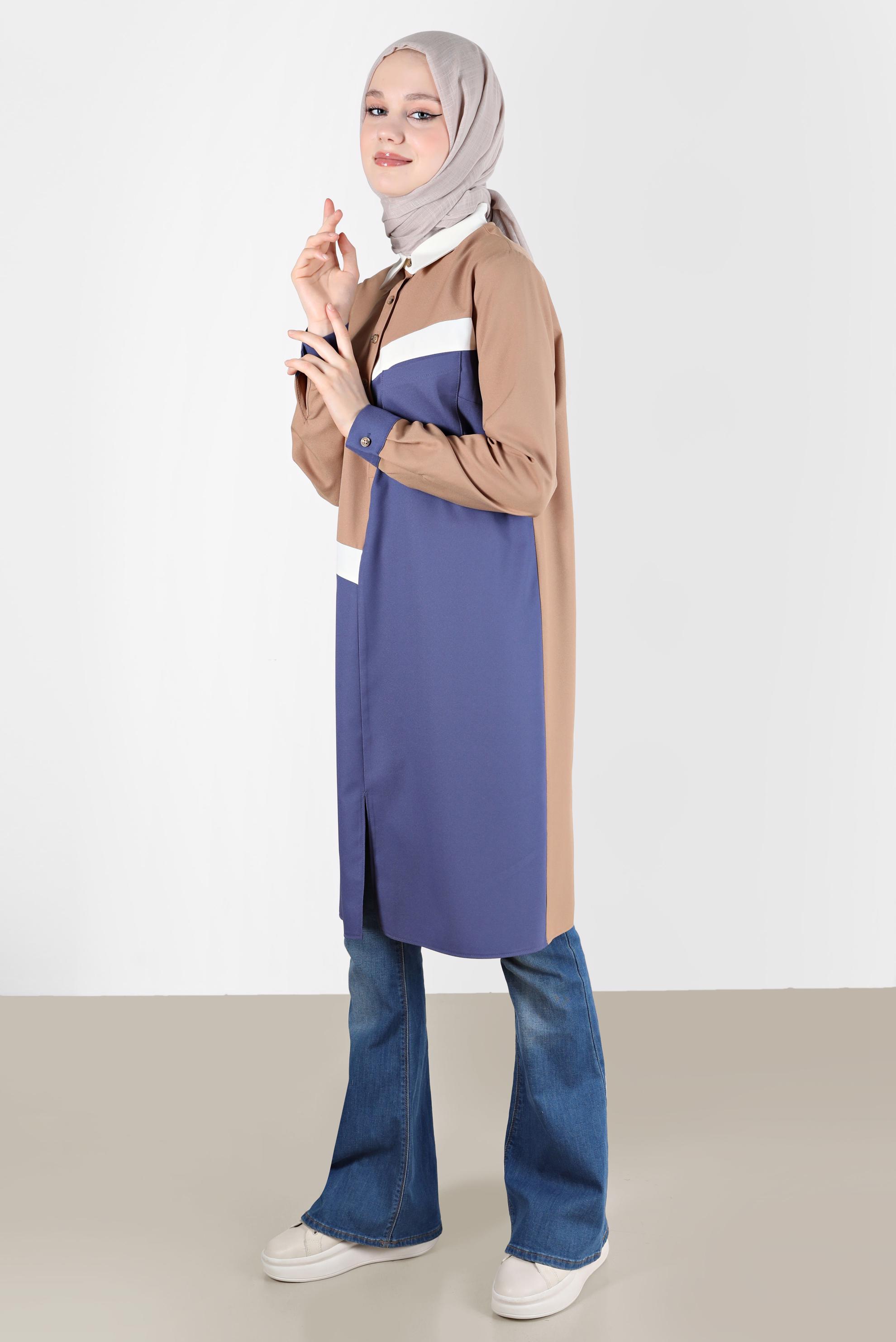 Tesettür giyim MAVİ DÜĞMELİ ÜÇ RENK TUNİK 42205 