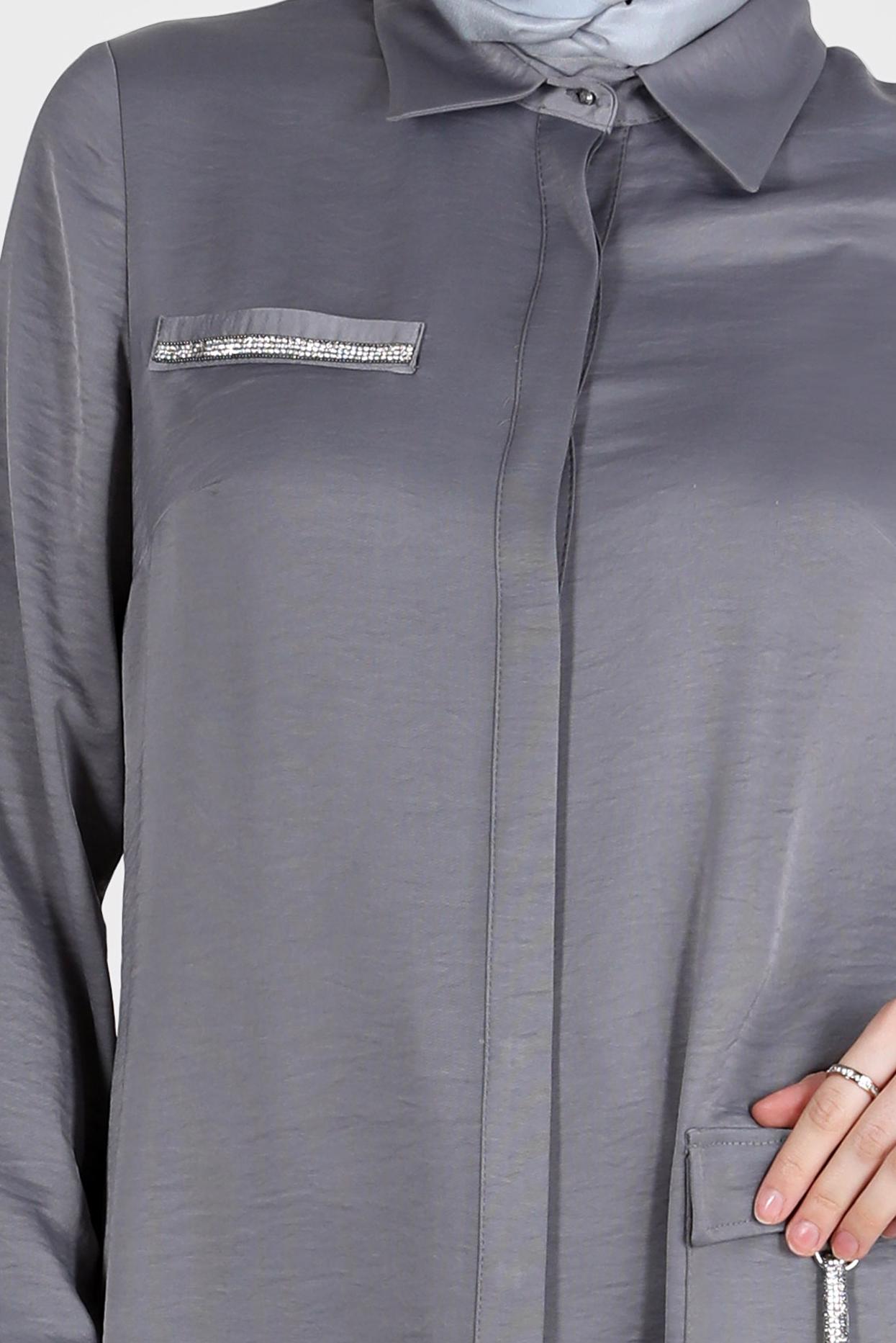Tesettür giyim GRİ TAŞ DETAYLI CEPLİ TUNİK 42500