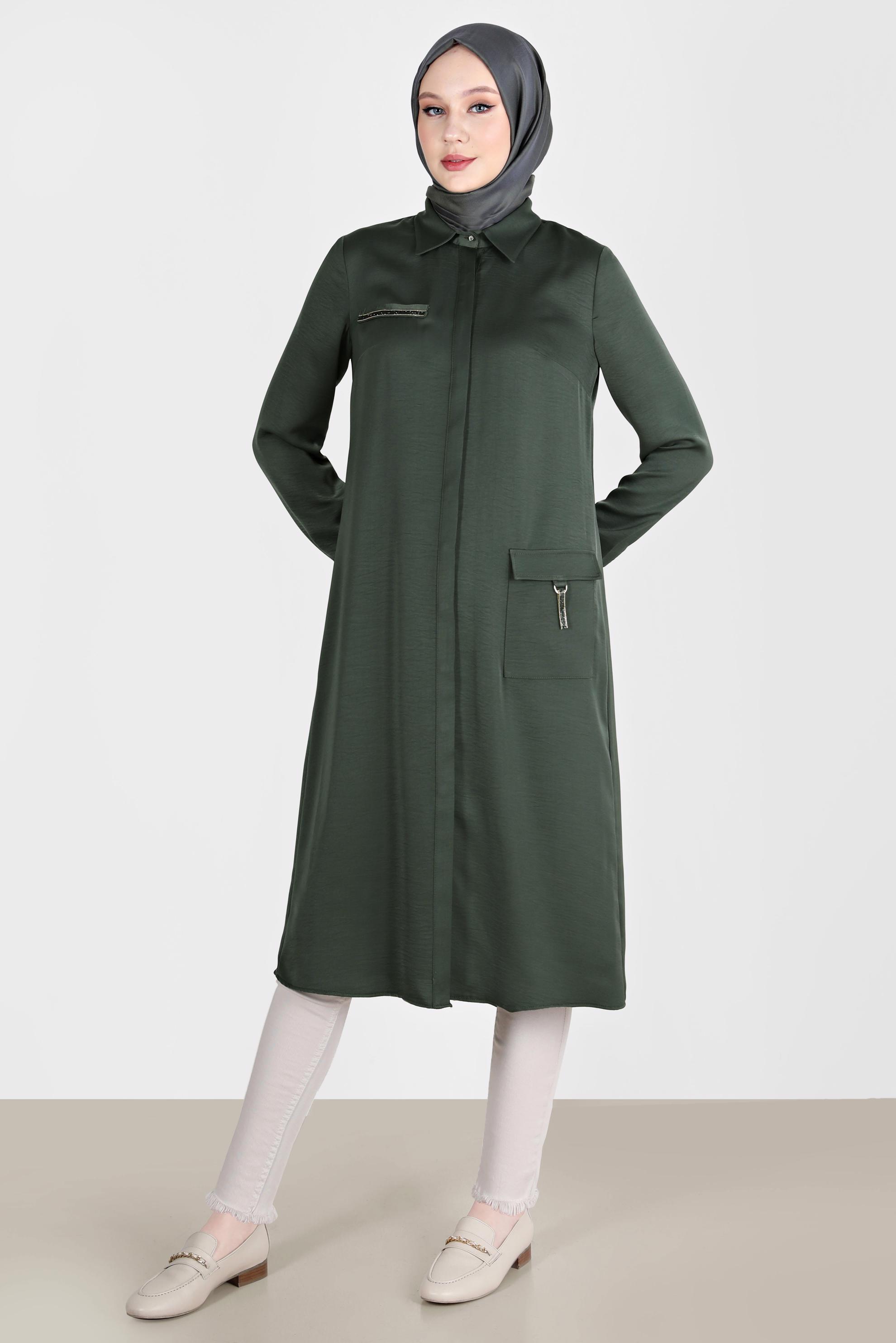 Tesettür giyim HAKİ TAŞ DETAYLI CEPLİ TUNİK 42500