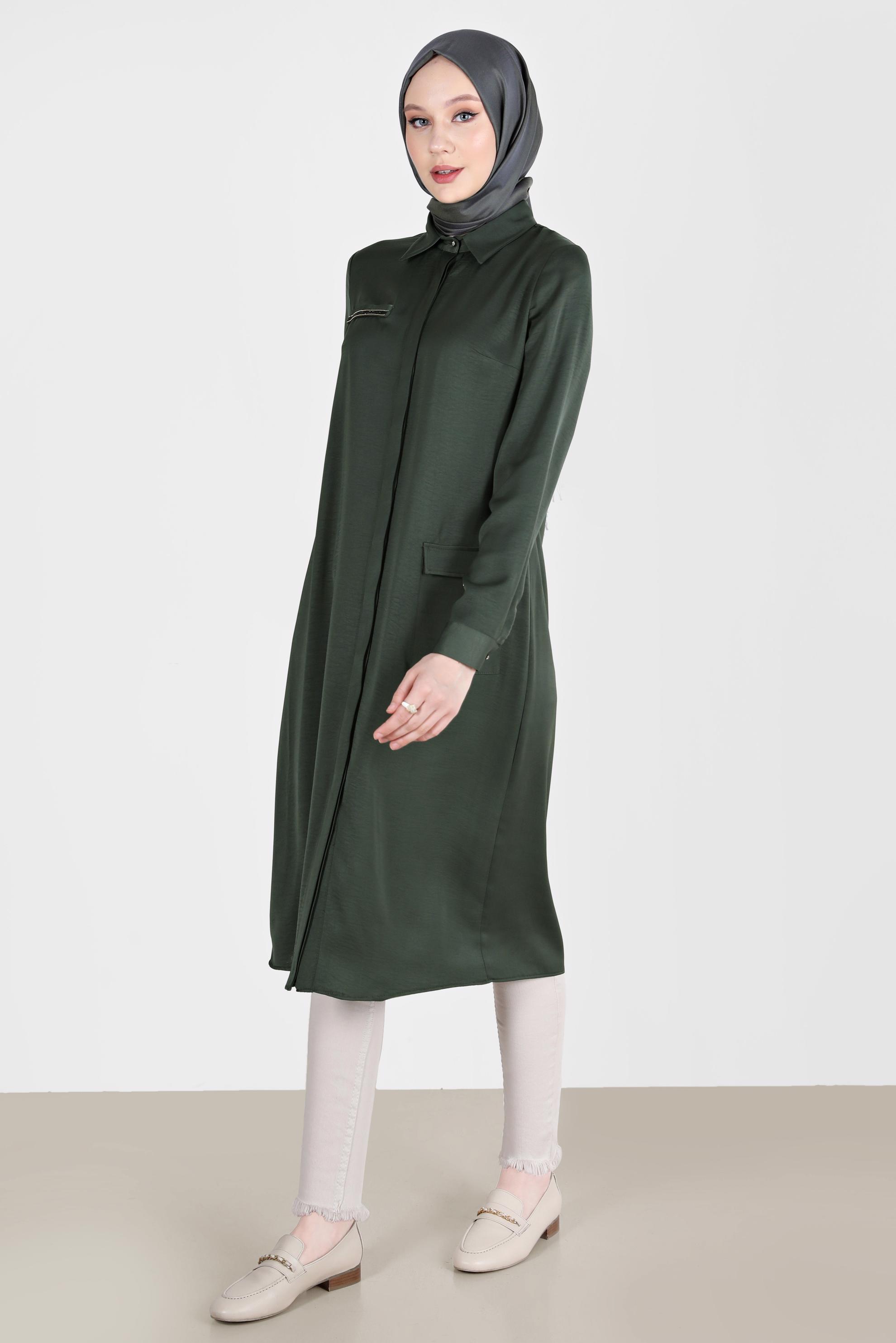 Tesettür giyim HAKİ TAŞ DETAYLI CEPLİ TUNİK 42500