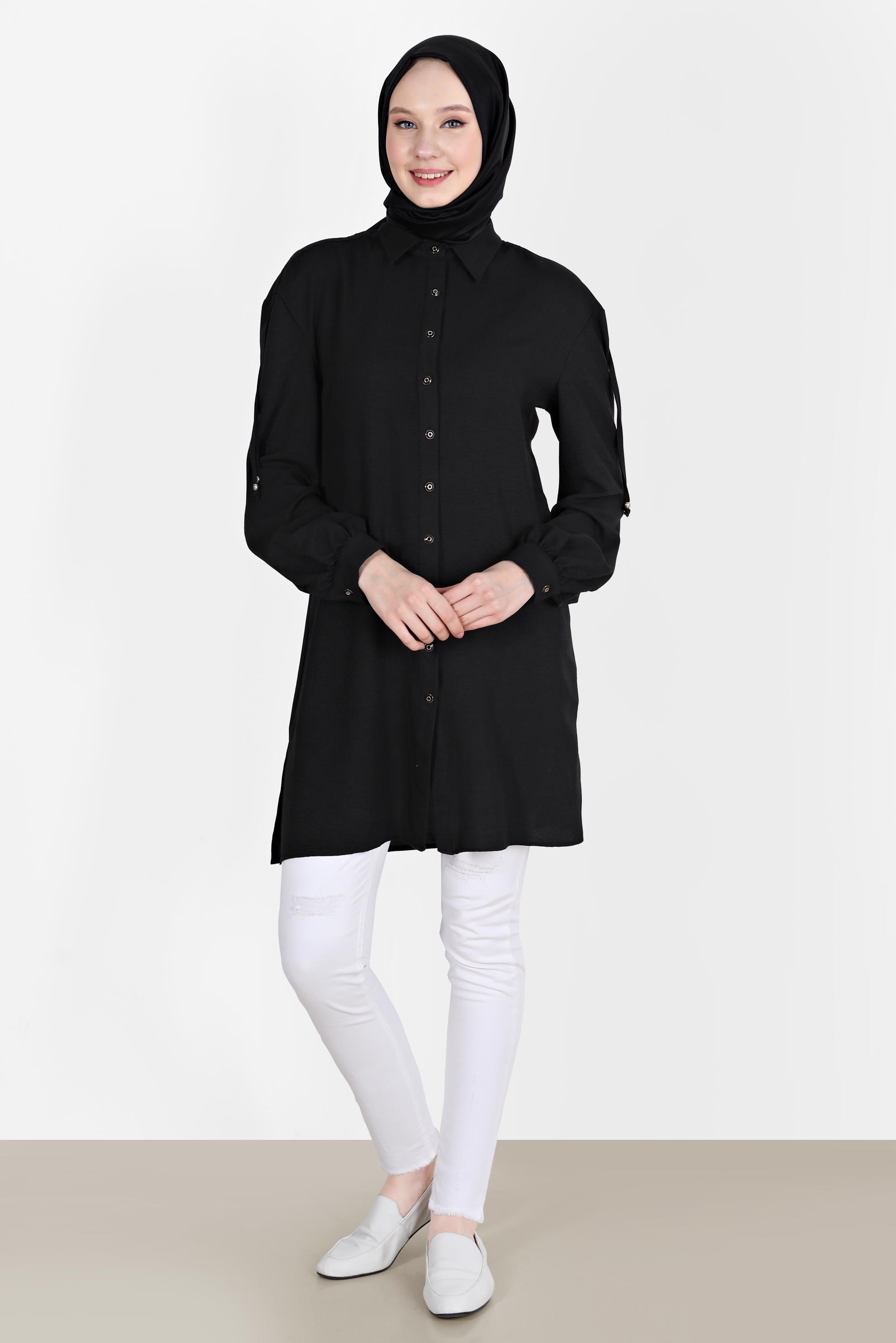 Tesettür giyim SİYAH OMUZLARI BAĞCIK DETAYLI TUNİK 42501 