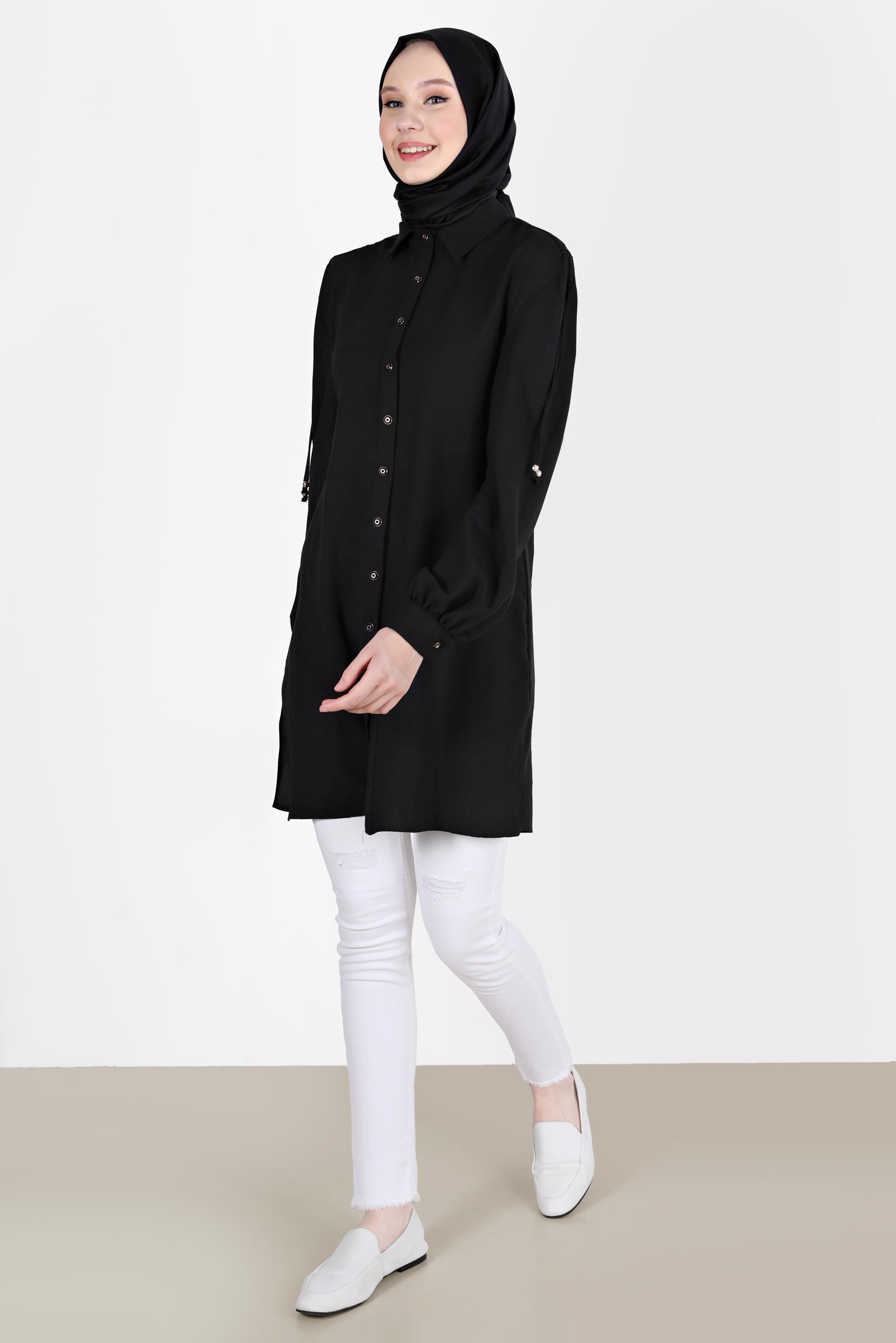 Tesettür giyim SİYAH OMUZLARI BAĞCIK DETAYLI TUNİK 42501 