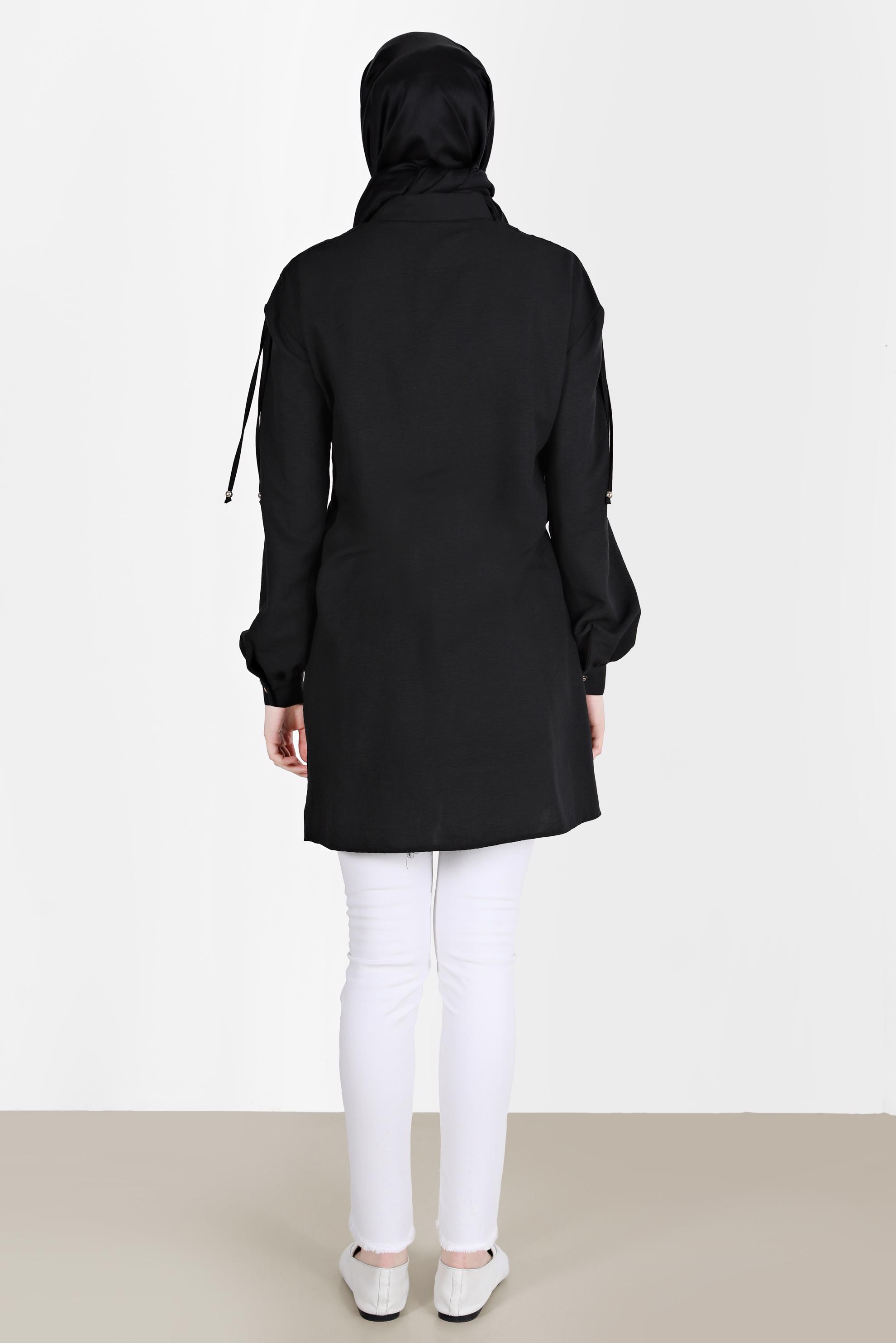 Tesettür giyim SİYAH OMUZLARI BAĞCIK DETAYLI TUNİK 42501 