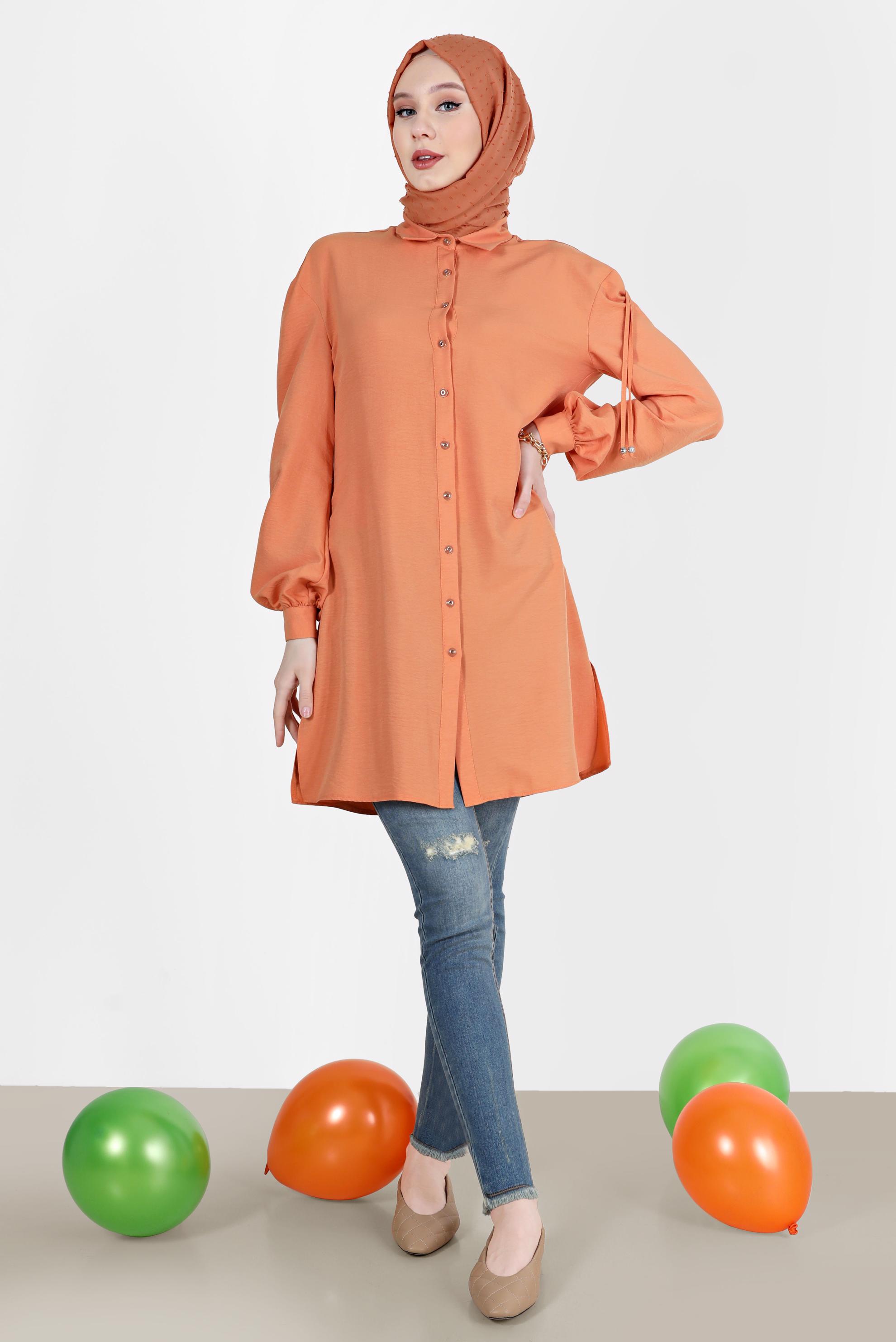 Tesettür giyim TURUNCU OMUZLARI BAĞCIK DETAYLI TUNİK 42501 