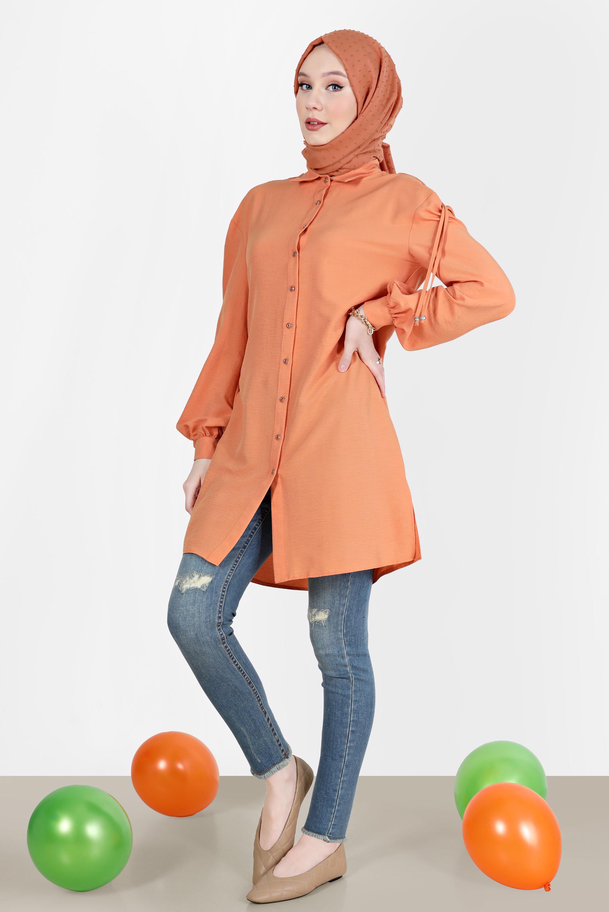 Tesettür giyim TURUNCU OMUZLARI BAĞCIK DETAYLI TUNİK 42501 