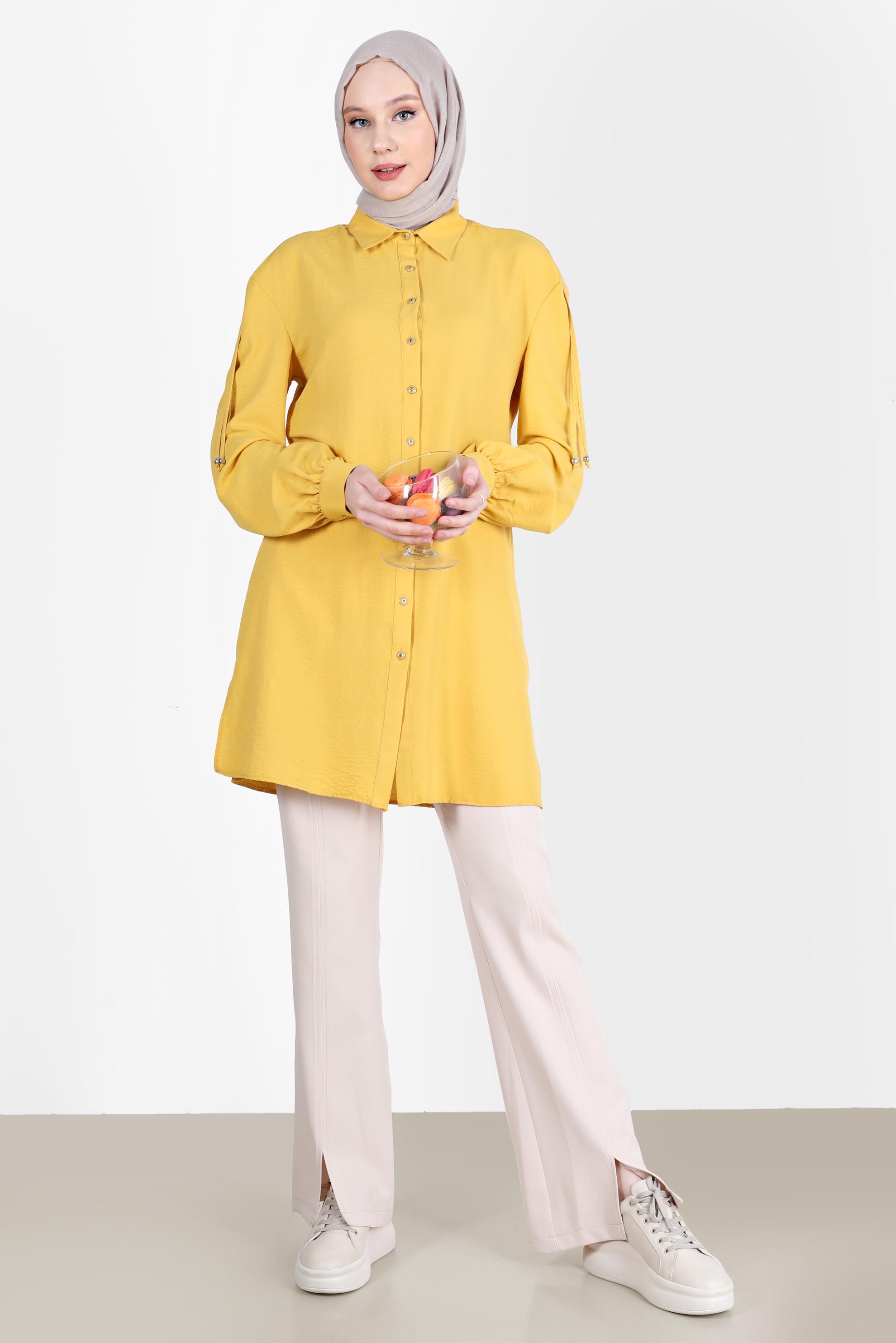 Tesettür giyim SARI OMUZLARI BAĞCIK DETAYLI TUNİK 42501 