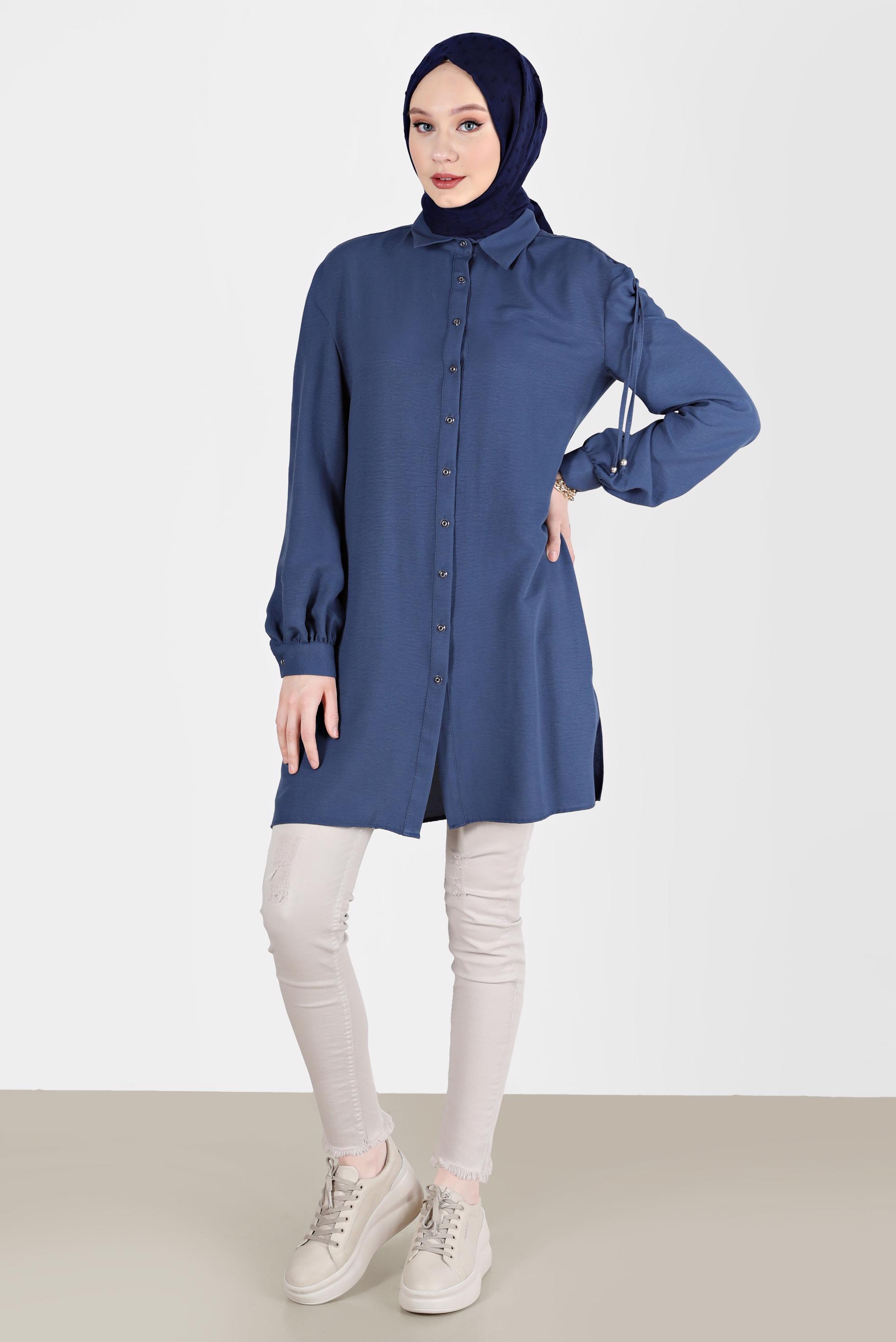 Tesettür giyim LACİVERT OMUZLARI BAĞCIK DETAYLI TUNİK 42501 