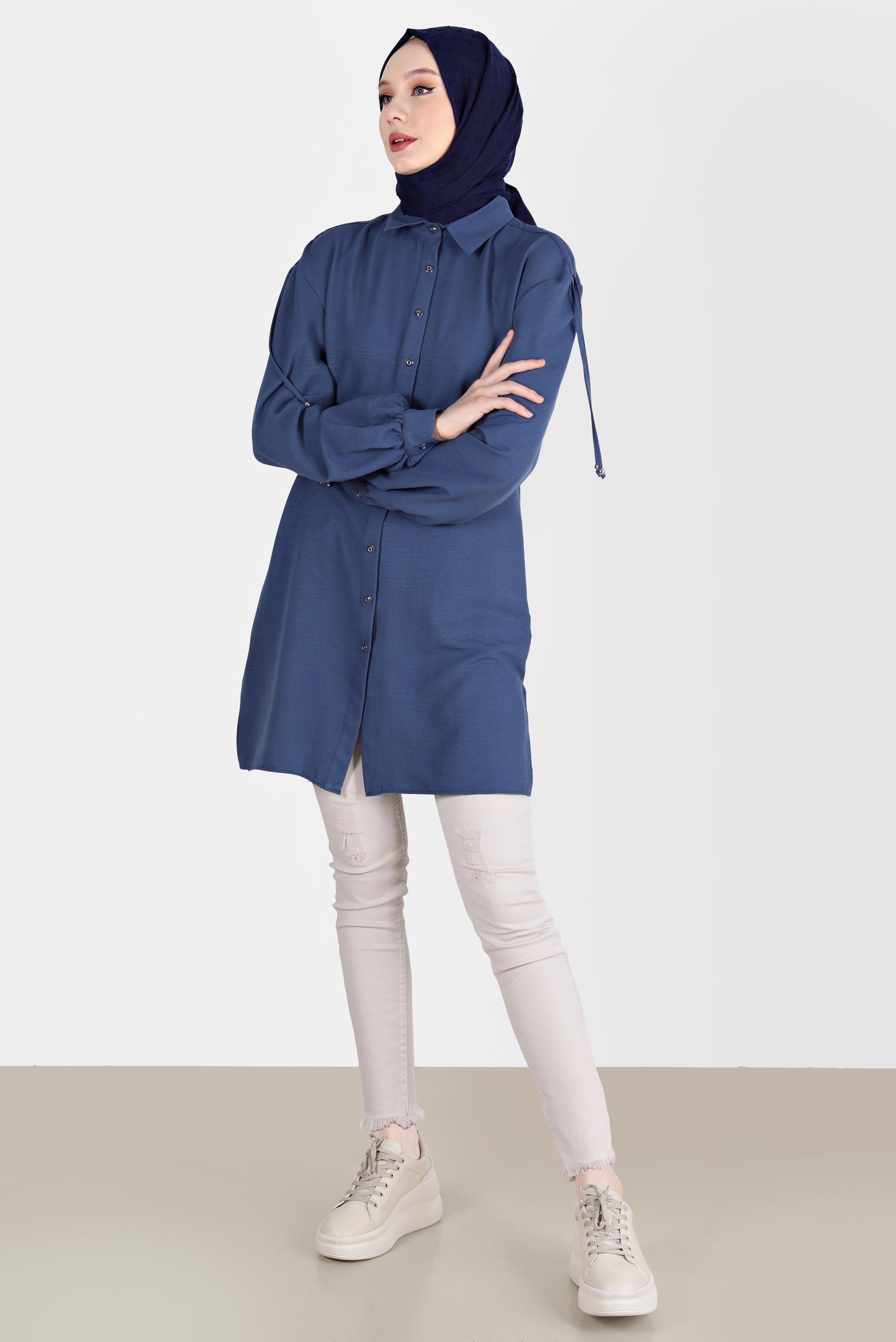 Tesettür giyim LACİVERT OMUZLARI BAĞCIK DETAYLI TUNİK 42501 