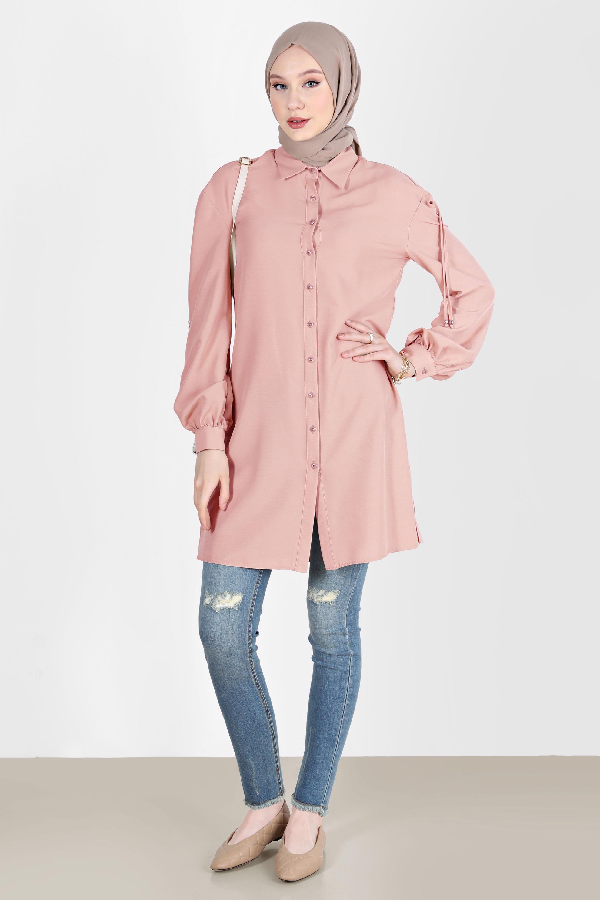 Tesettür giyim PUDRA OMUZLARI BAĞCIK DETAYLI TUNİK 42501 