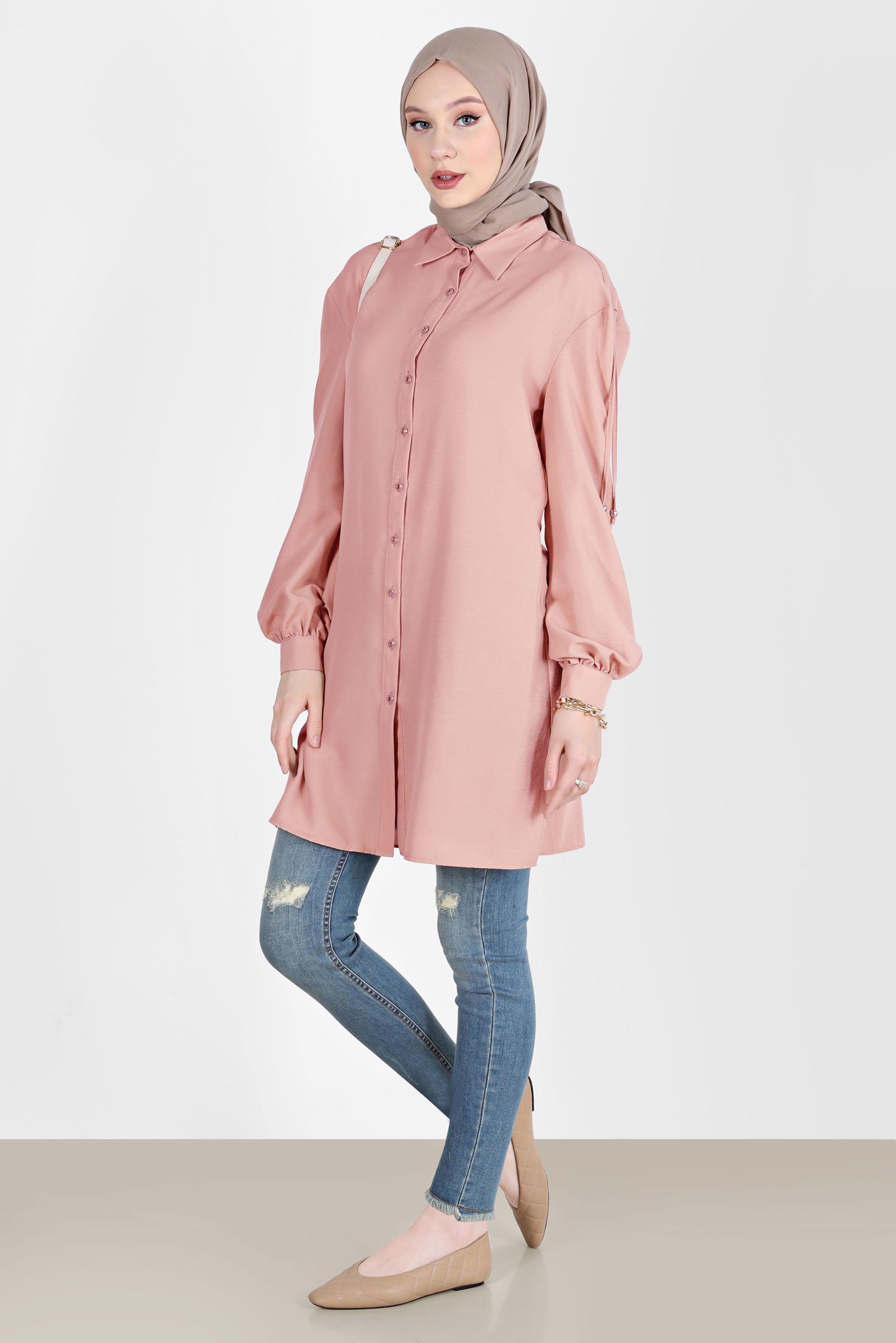 Tesettür giyim PUDRA OMUZLARI BAĞCIK DETAYLI TUNİK 42501 