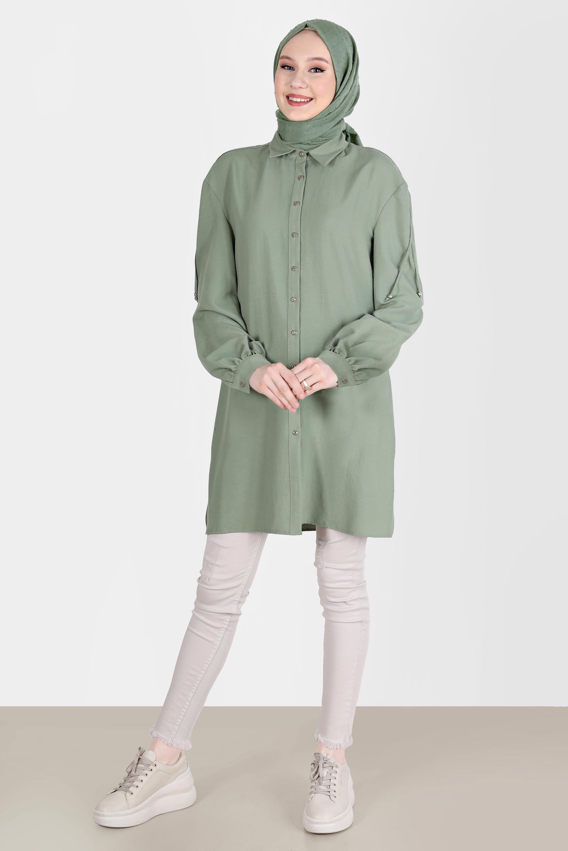 Tesettür giyim YEŞİL OMUZLARI BAĞCIK DETAYLI TUNİK 42501 