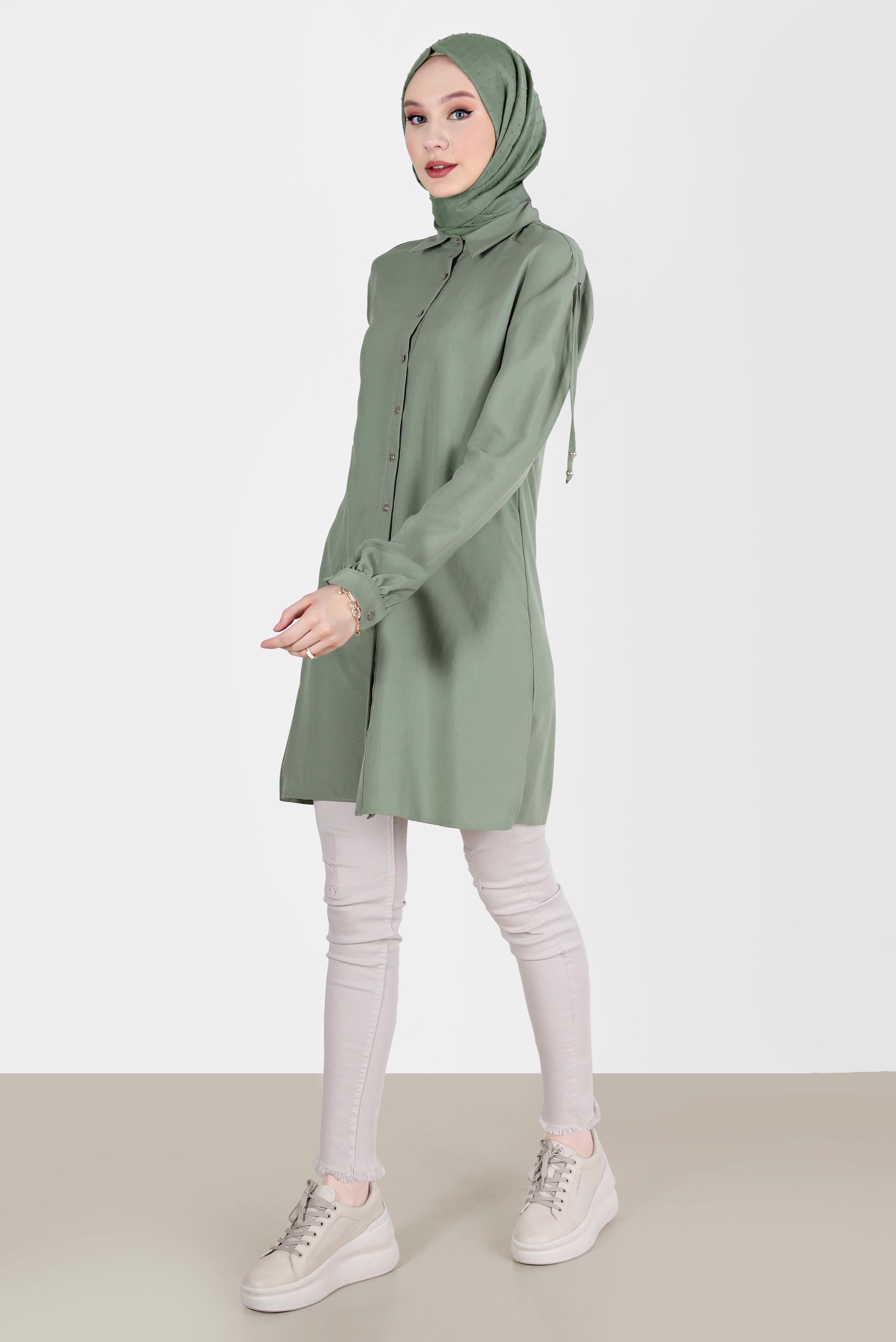 Tesettür giyim YEŞİL OMUZLARI BAĞCIK DETAYLI TUNİK 42501 