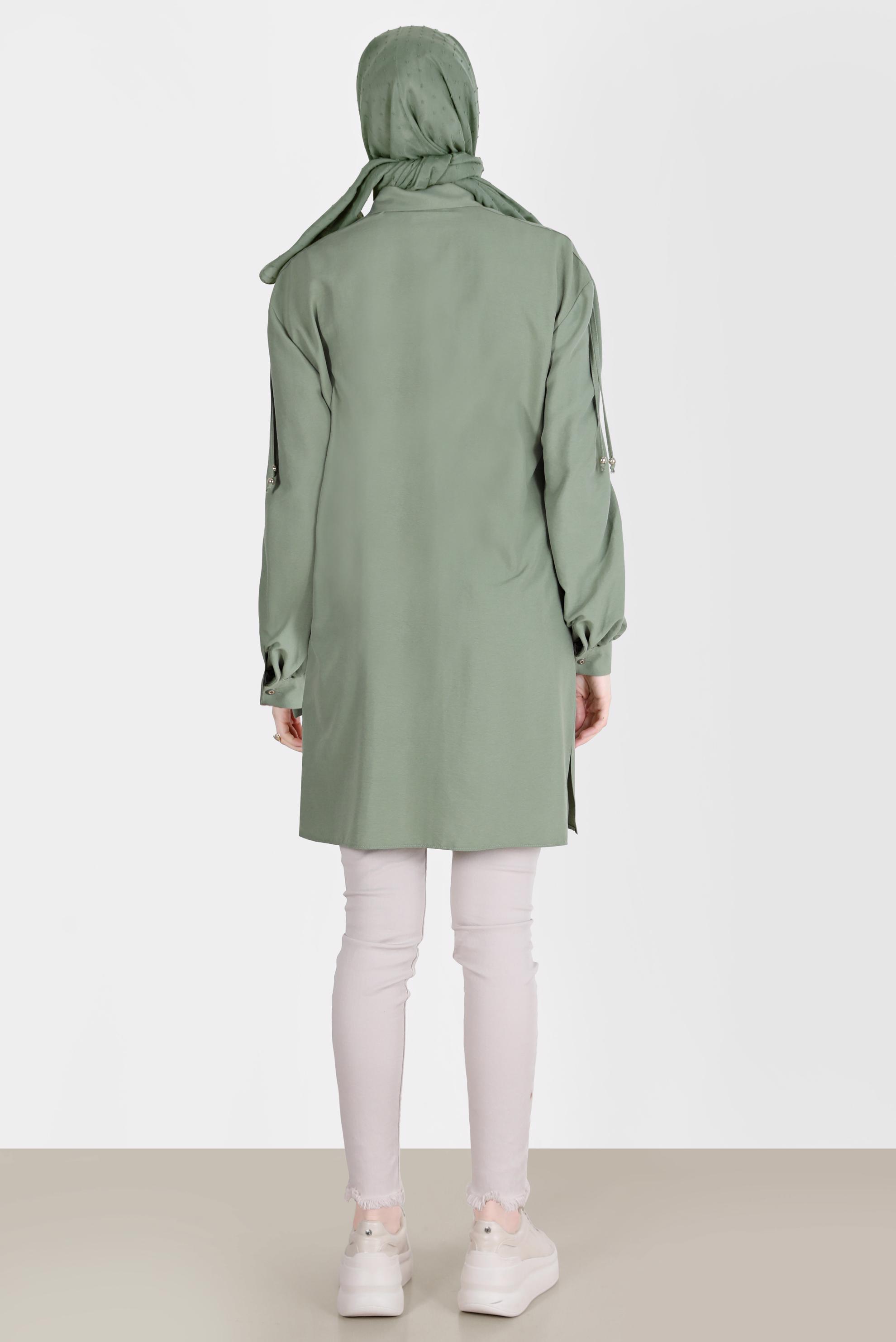 Tesettür giyim YEŞİL OMUZLARI BAĞCIK DETAYLI TUNİK 42501 