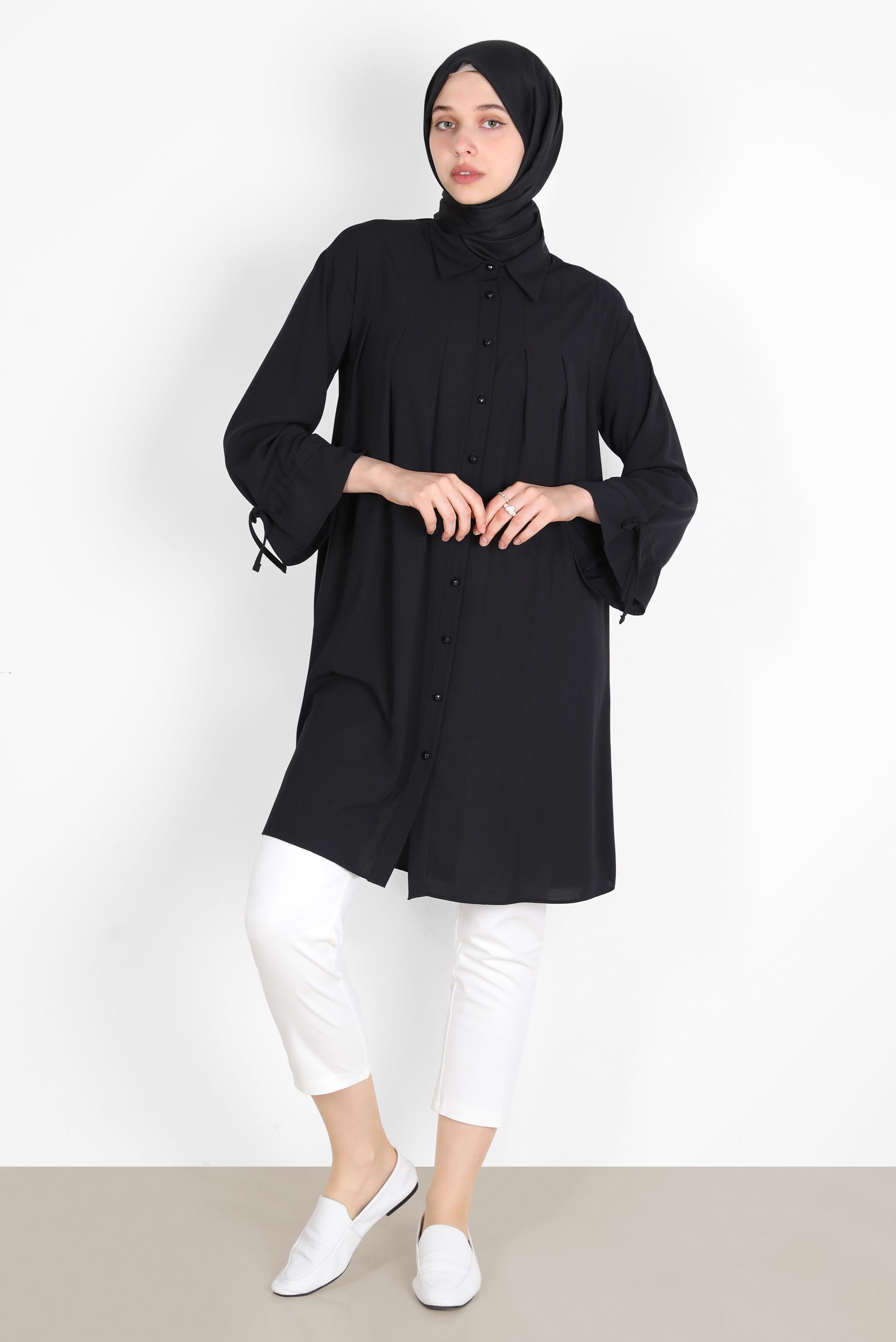 Tesettür giyim SİYAH PİLE DETAYLI İNCİ DÜĞMELİ TUNİK 42502 