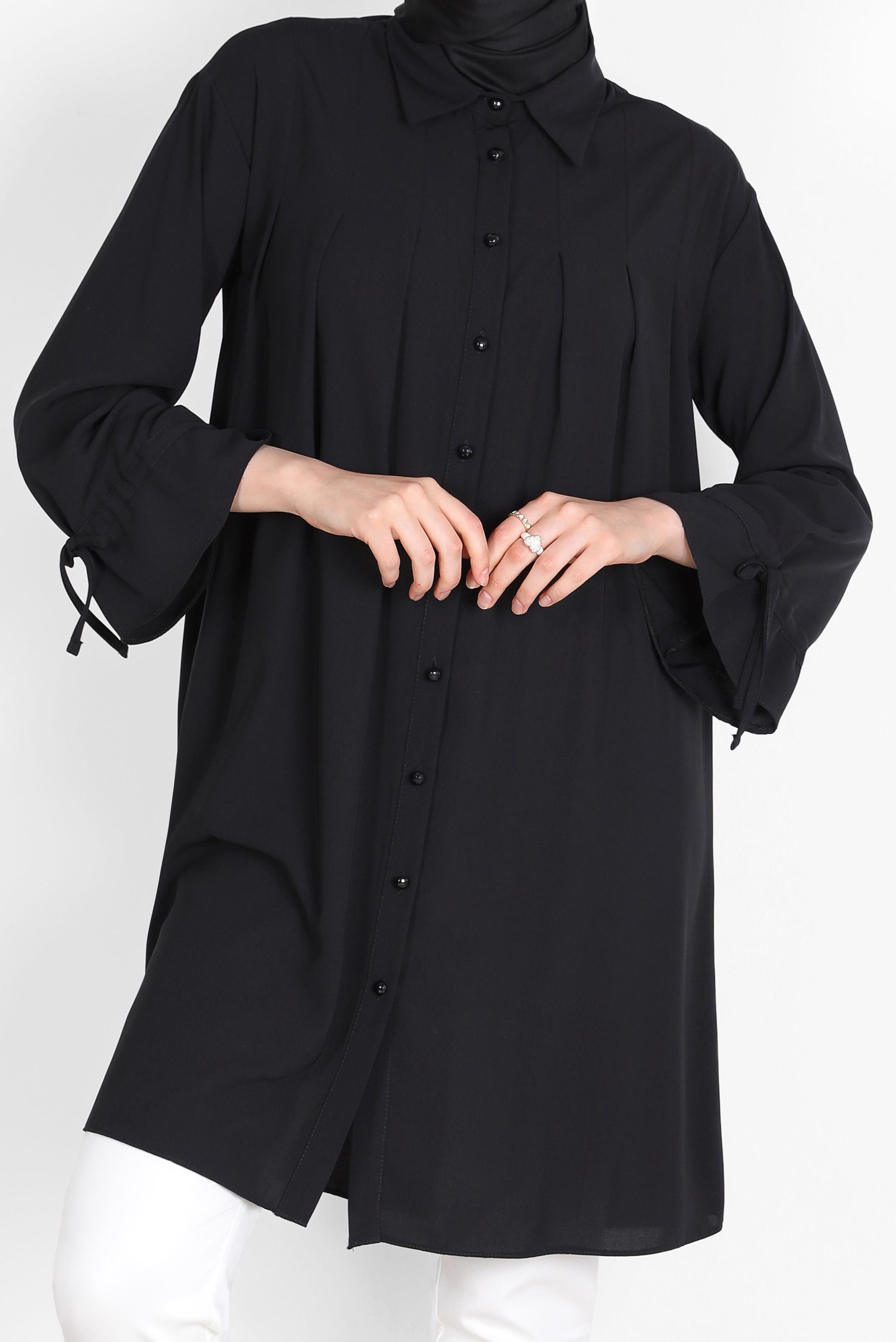 Tesettür giyim SİYAH PİLE DETAYLI İNCİ DÜĞMELİ TUNİK 42502 