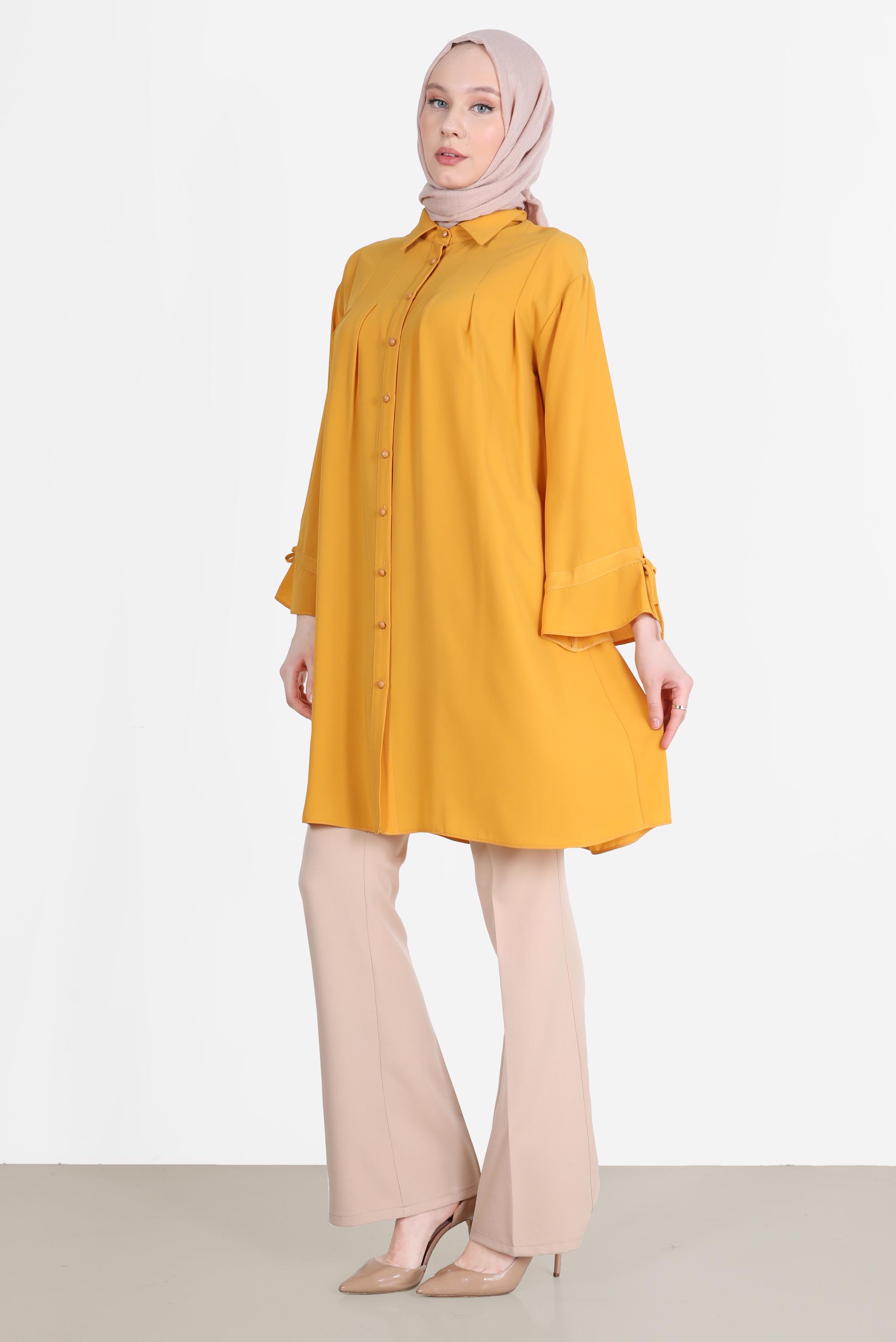 Tesettür giyim SARI PİLE DETAYLI İNCİ DÜĞMELİ TUNİK 42502 