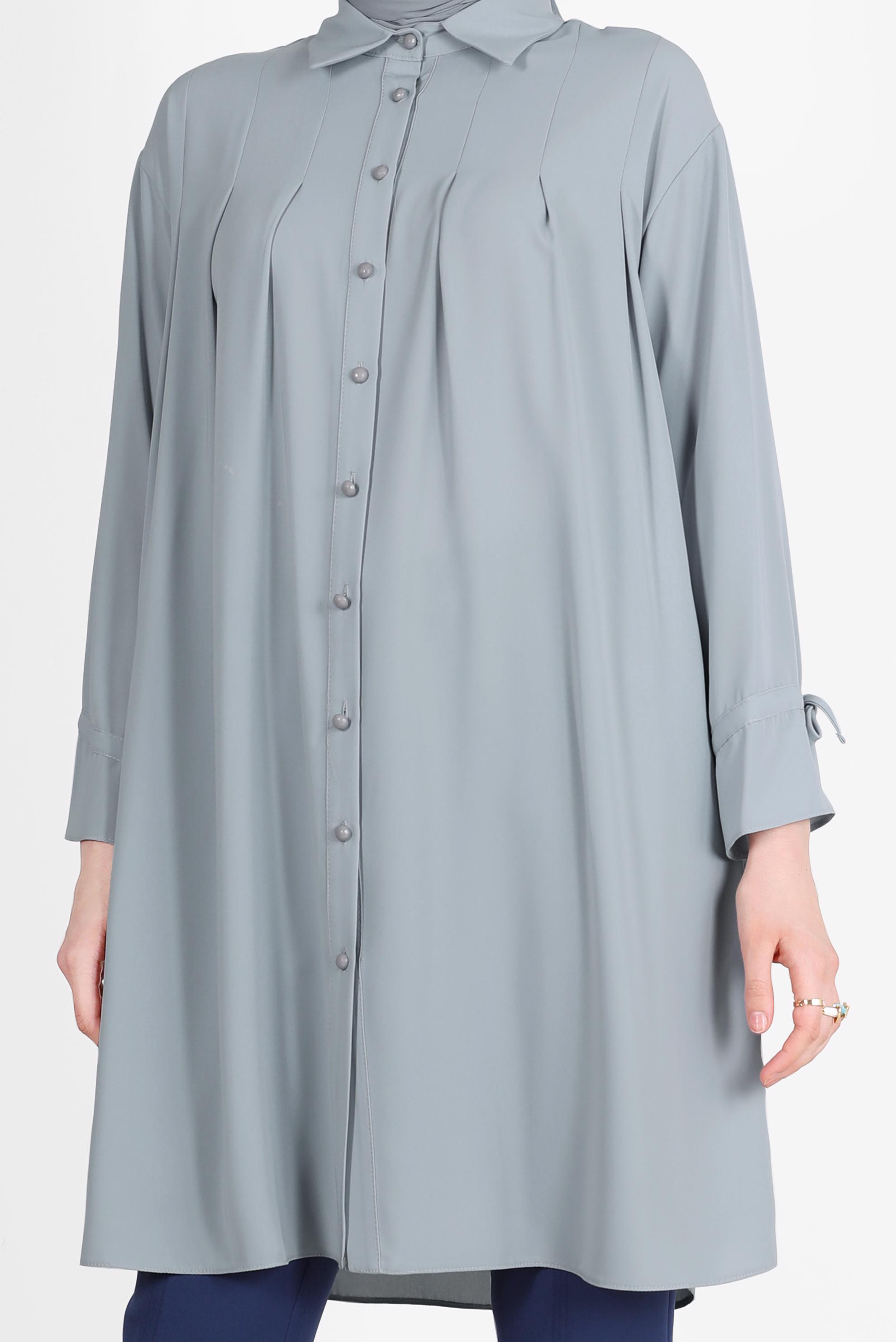 Tesettür giyim GRİ PİLE DETAYLI İNCİ DÜĞMELİ TUNİK 42502 