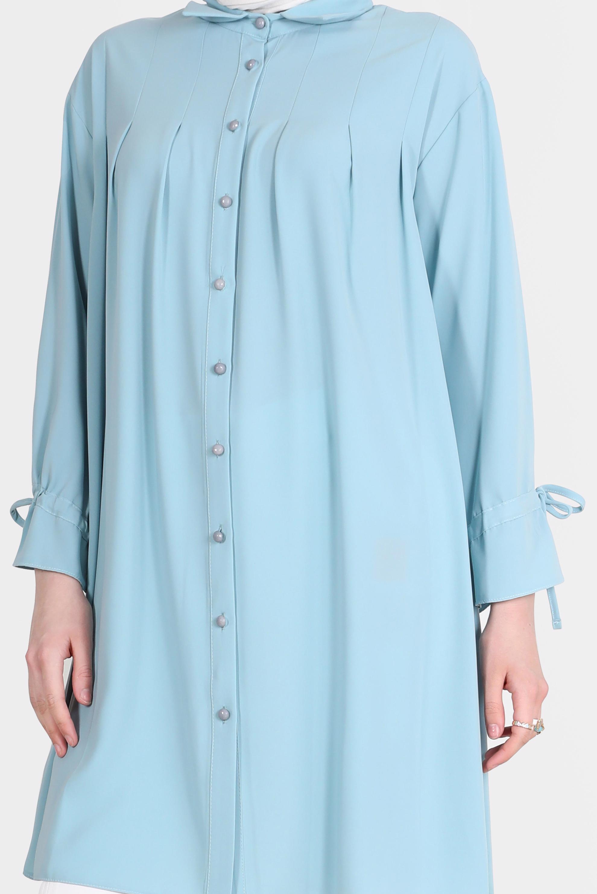 Tesettür giyim MAVİ PİLE DETAYLI İNCİ DÜĞMELİ TUNİK 42502 