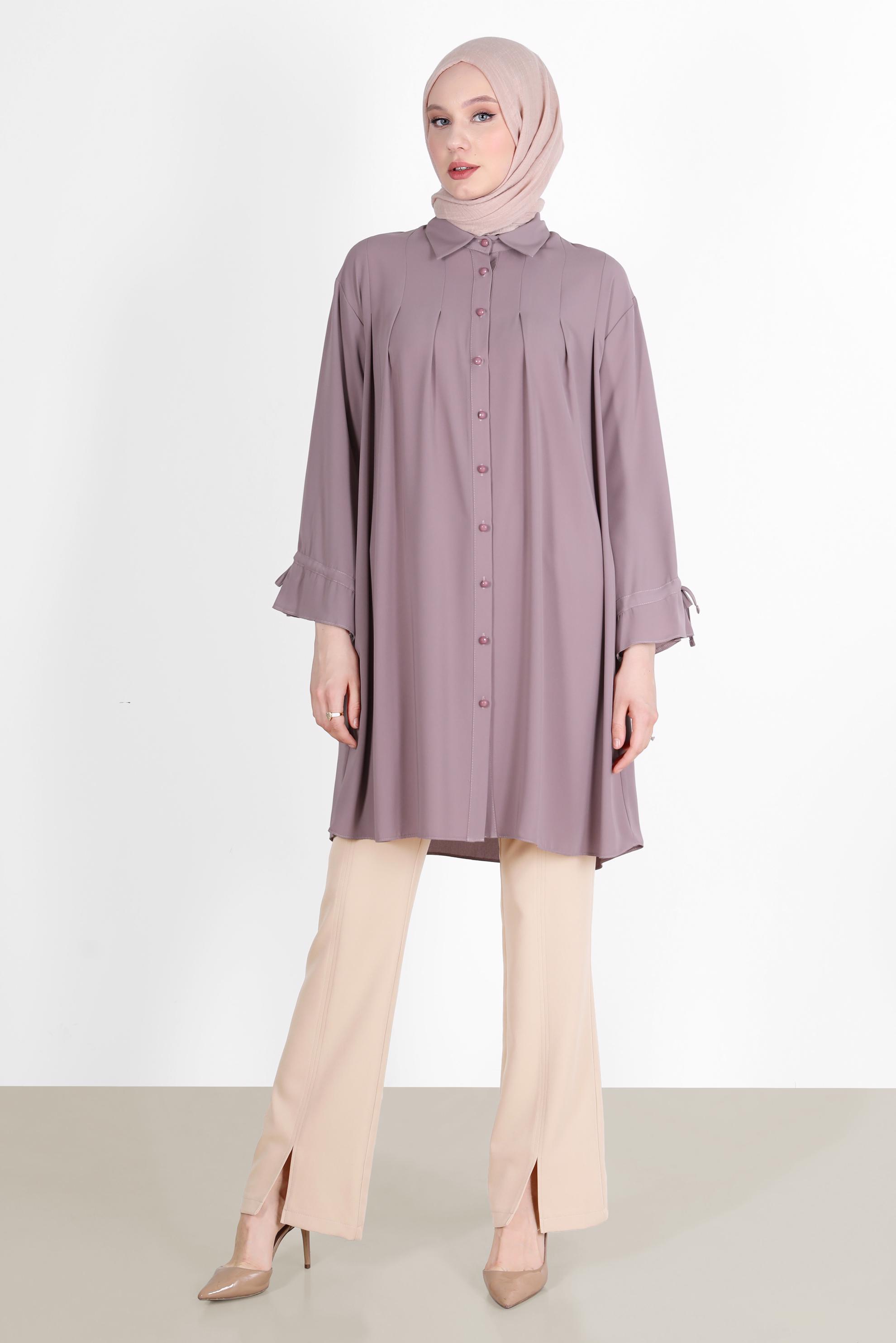 Tesettür giyim PEMBE PİLE DETAYLI İNCİ DÜĞMELİ TUNİK 42502 