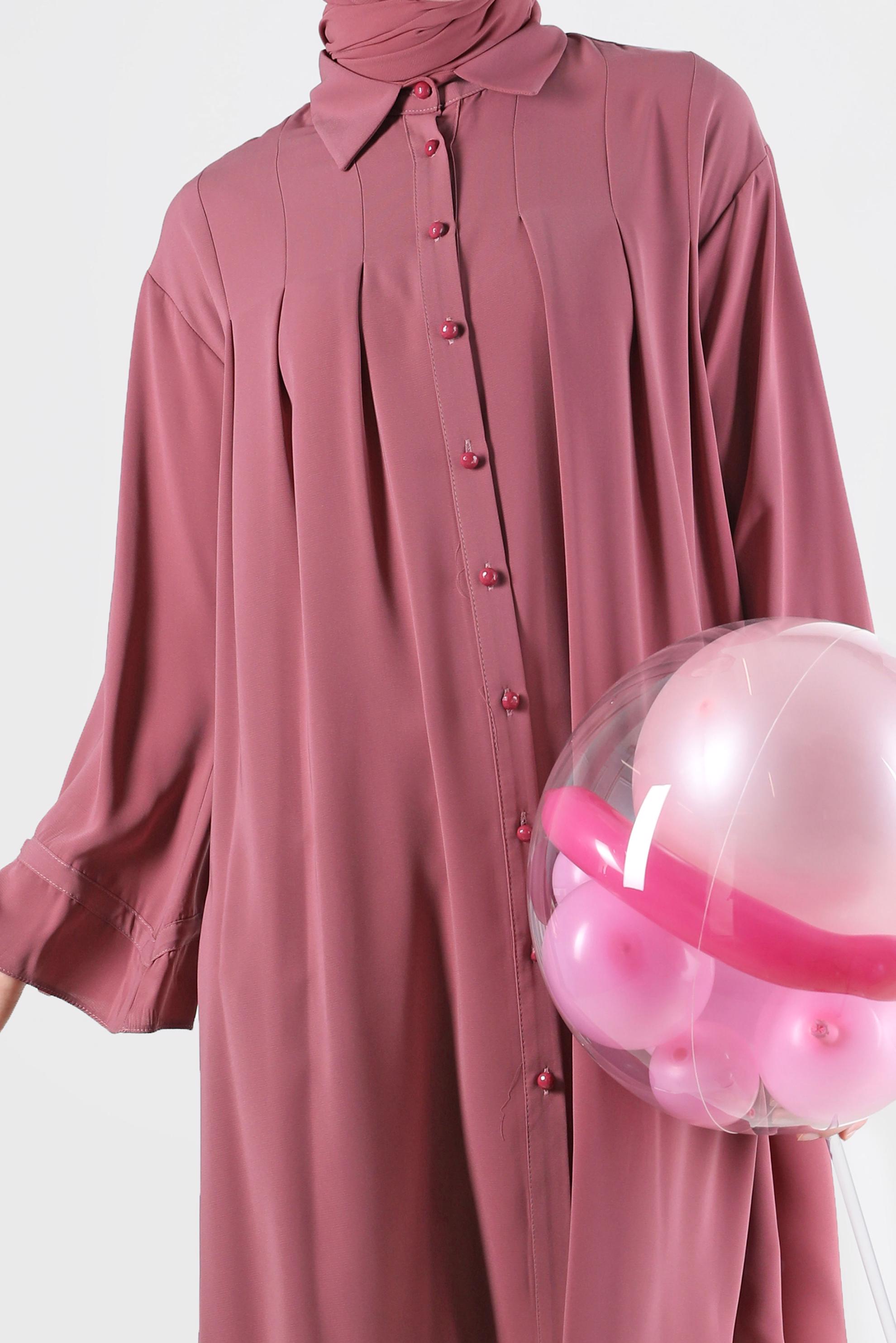 Tesettür giyim PEMBE PİLE DETAYLI İNCİ DÜĞMELİ TUNİK 42502 