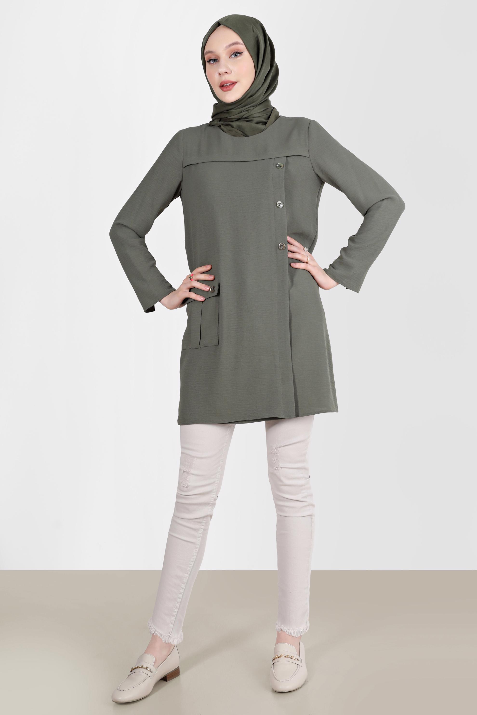 Tesettür giyim HAKİ DÜĞME DETAYLI CEPLİ TUNİK 42503
